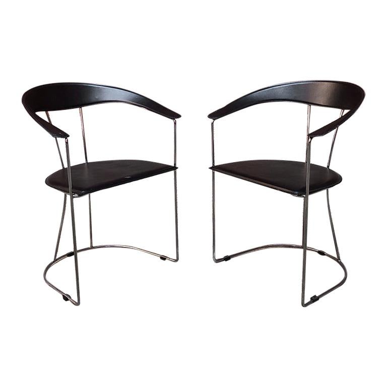 Italian Chromed Steel Metal And Black, Italian Designer Leather Chairs