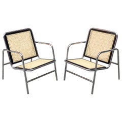 Italian Chromed Steel, Wood and Vienna Straw Armchairs, Cesca Style, 1970s