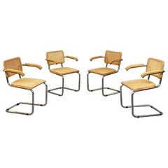 Italian Chromed Steel Wood and Vienna Straw Chairs in Cesca Style, 1970s
