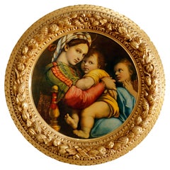 Vintage Italian Chromolithograph After Raphael's Madonna Della Sedia in Giltwood Frame