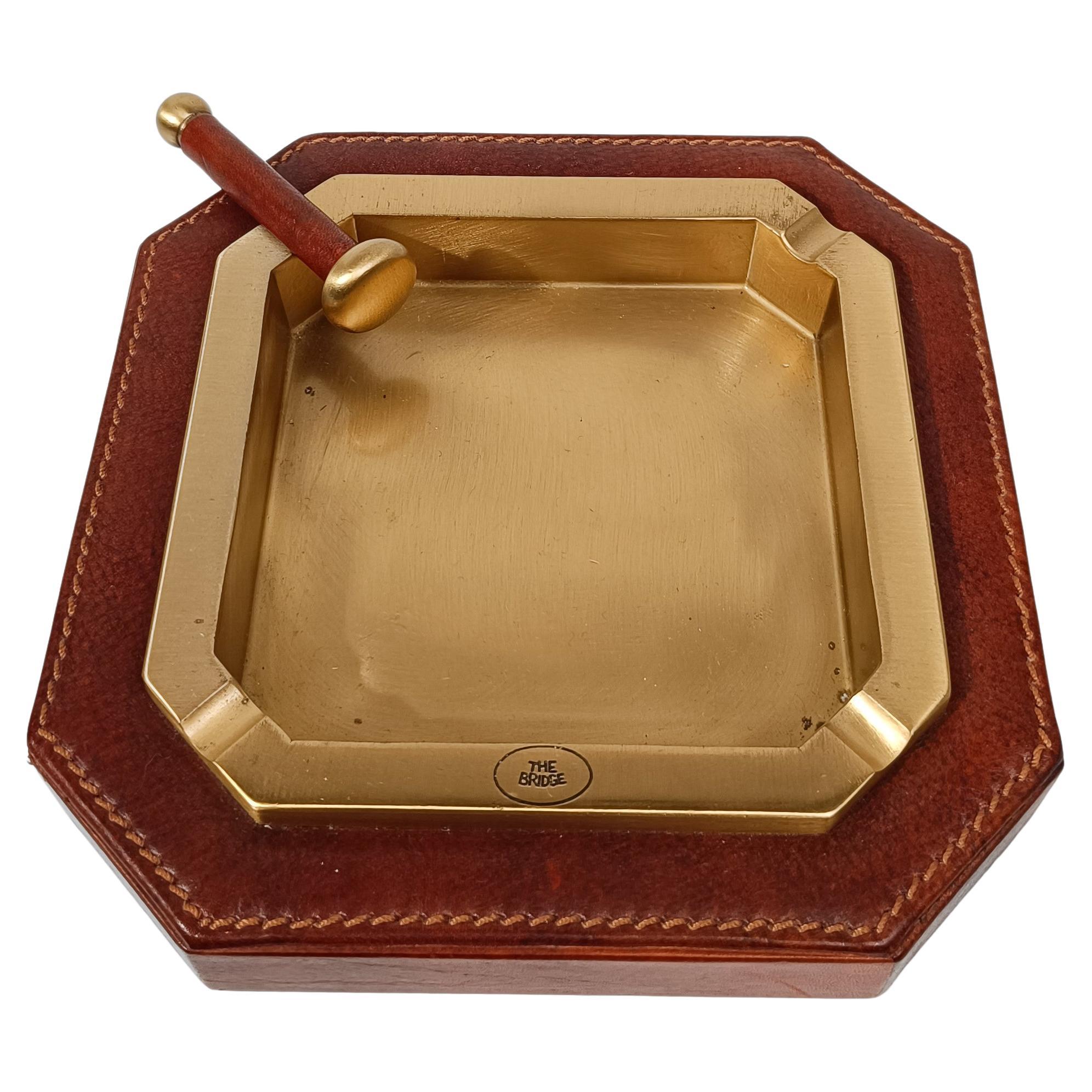 Italian Cigar Ashtray made in Brass And Cognac Leather By The Bridge For Sale
