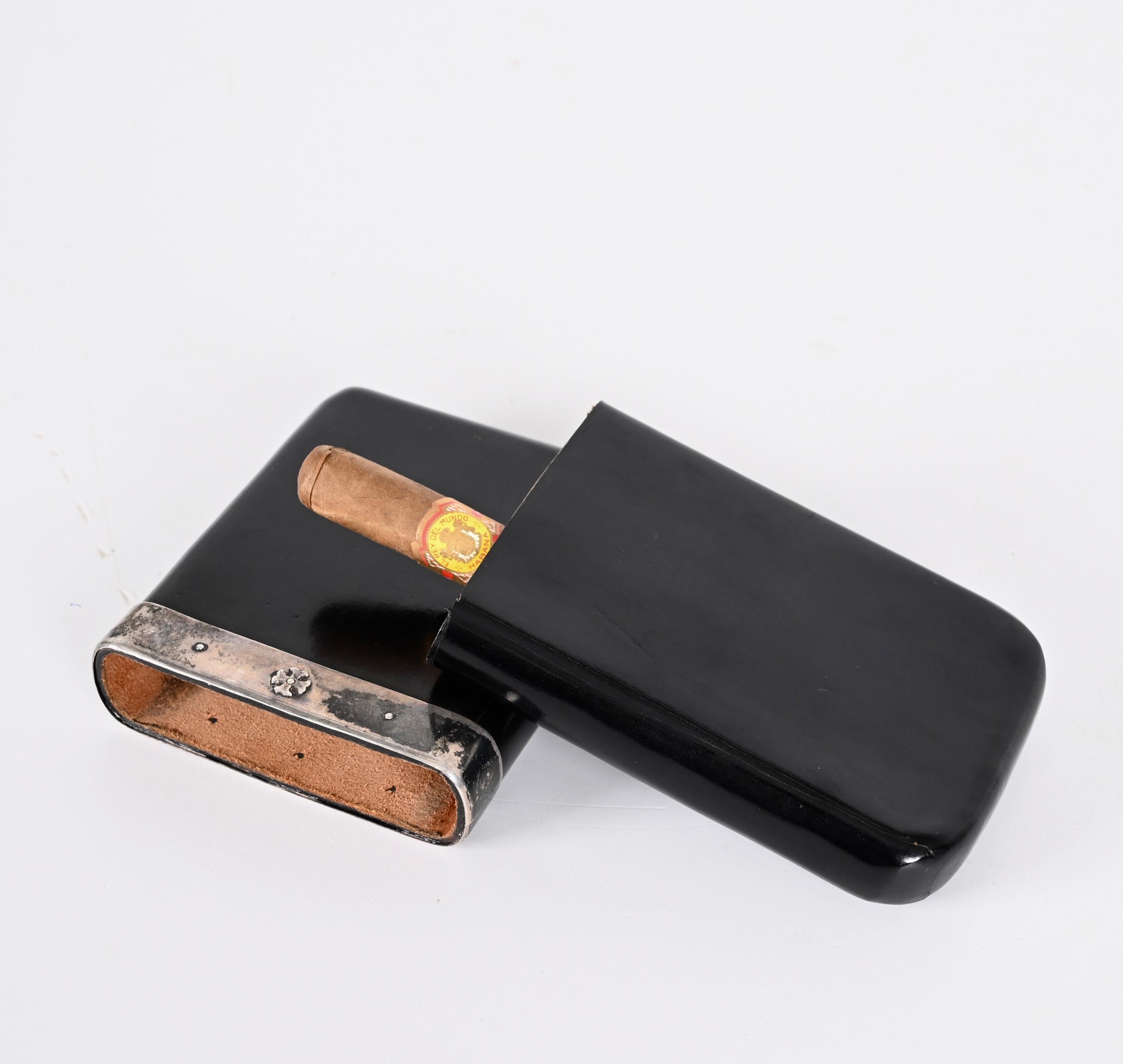 Italian Cigar Case in Leather and Solid Signed Silver, Italy 1960s For Sale 9