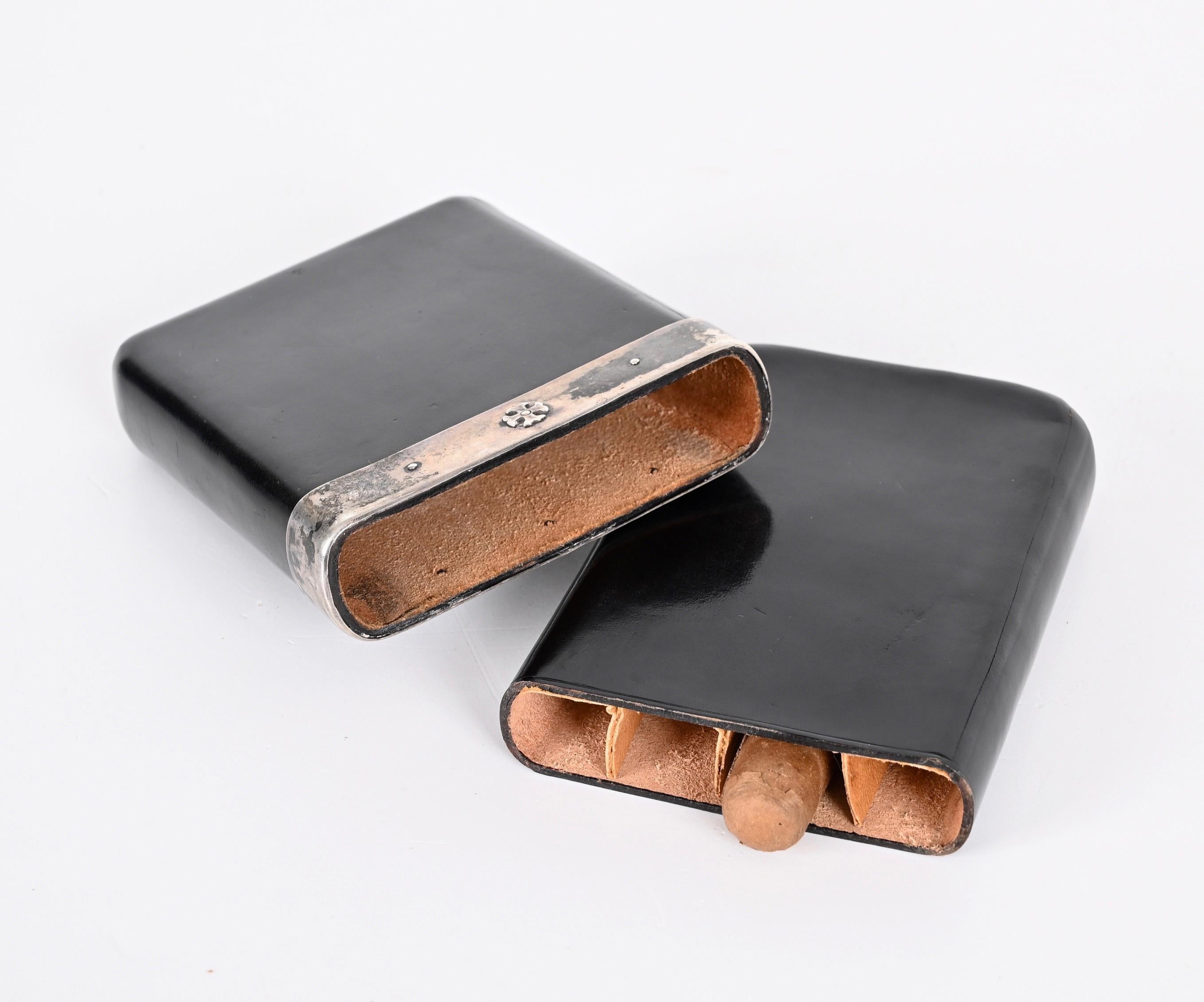 Italian Cigar Case in Leather and Solid Signed Silver, Italy 1960s For Sale 10