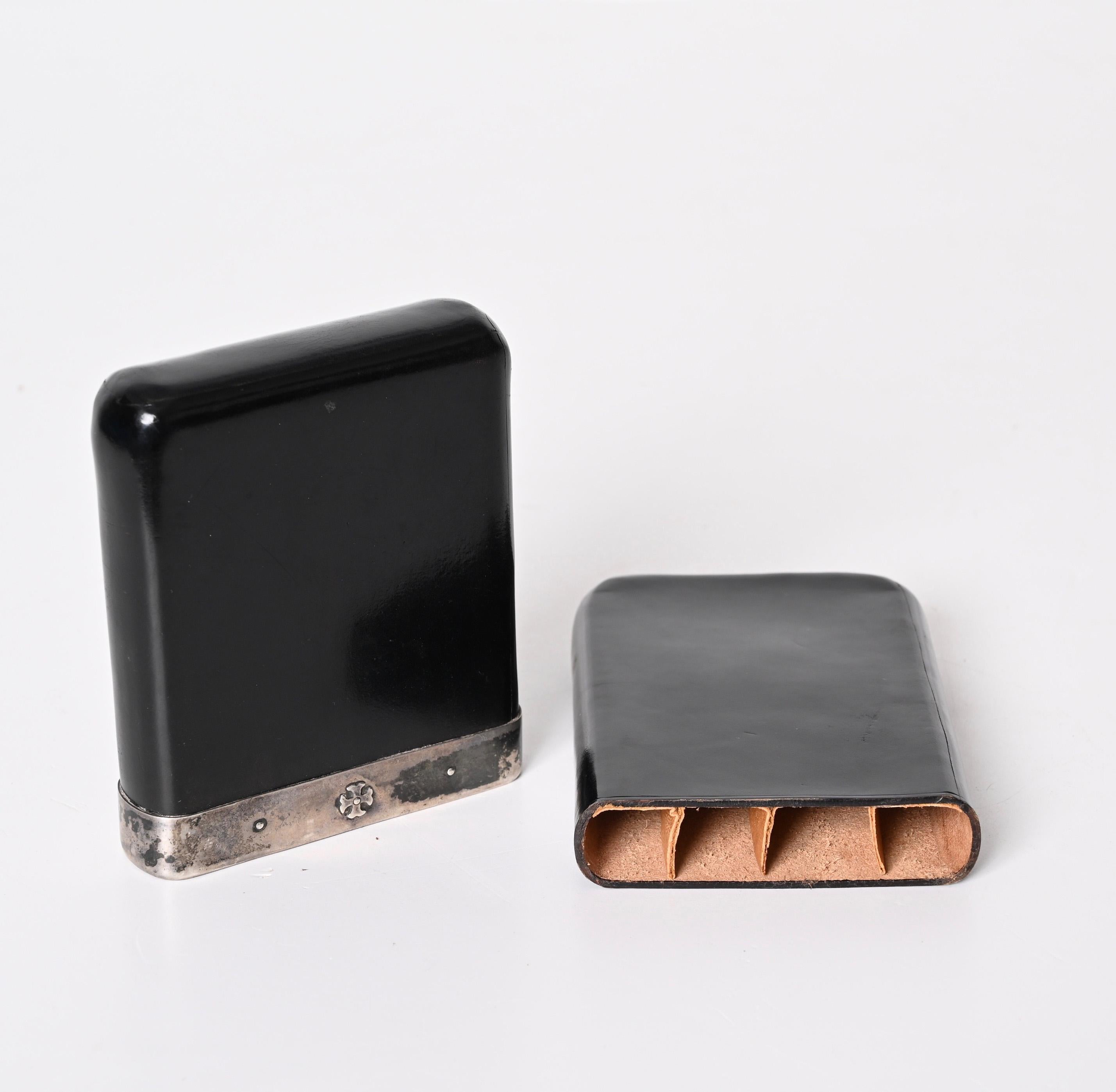 Italian Cigar Case in Leather and Solid Signed Silver, Italy 1960s For Sale 11