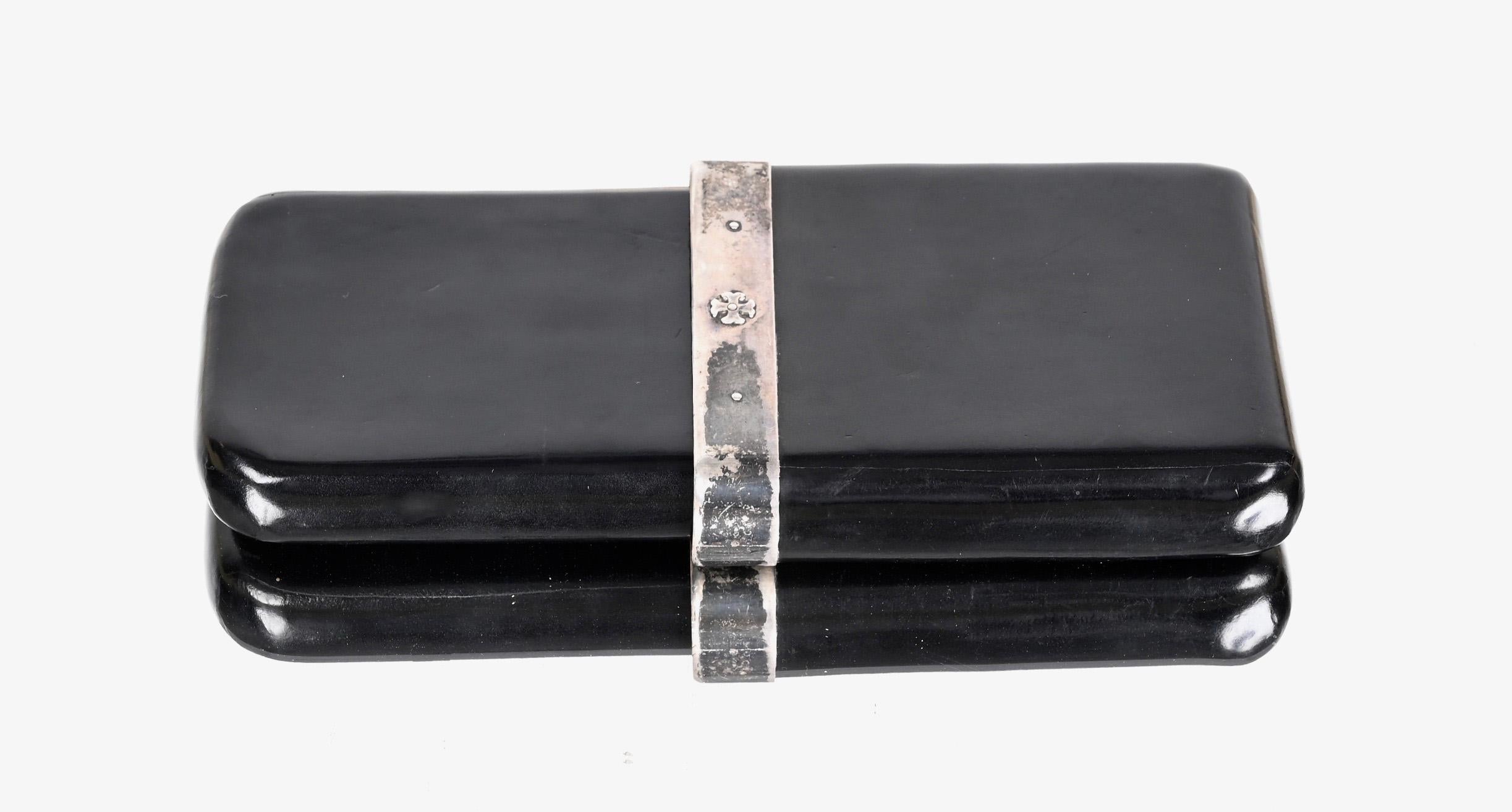 Italian Cigar Case in Leather and Solid Signed Silver, Italy 1960s For Sale 15