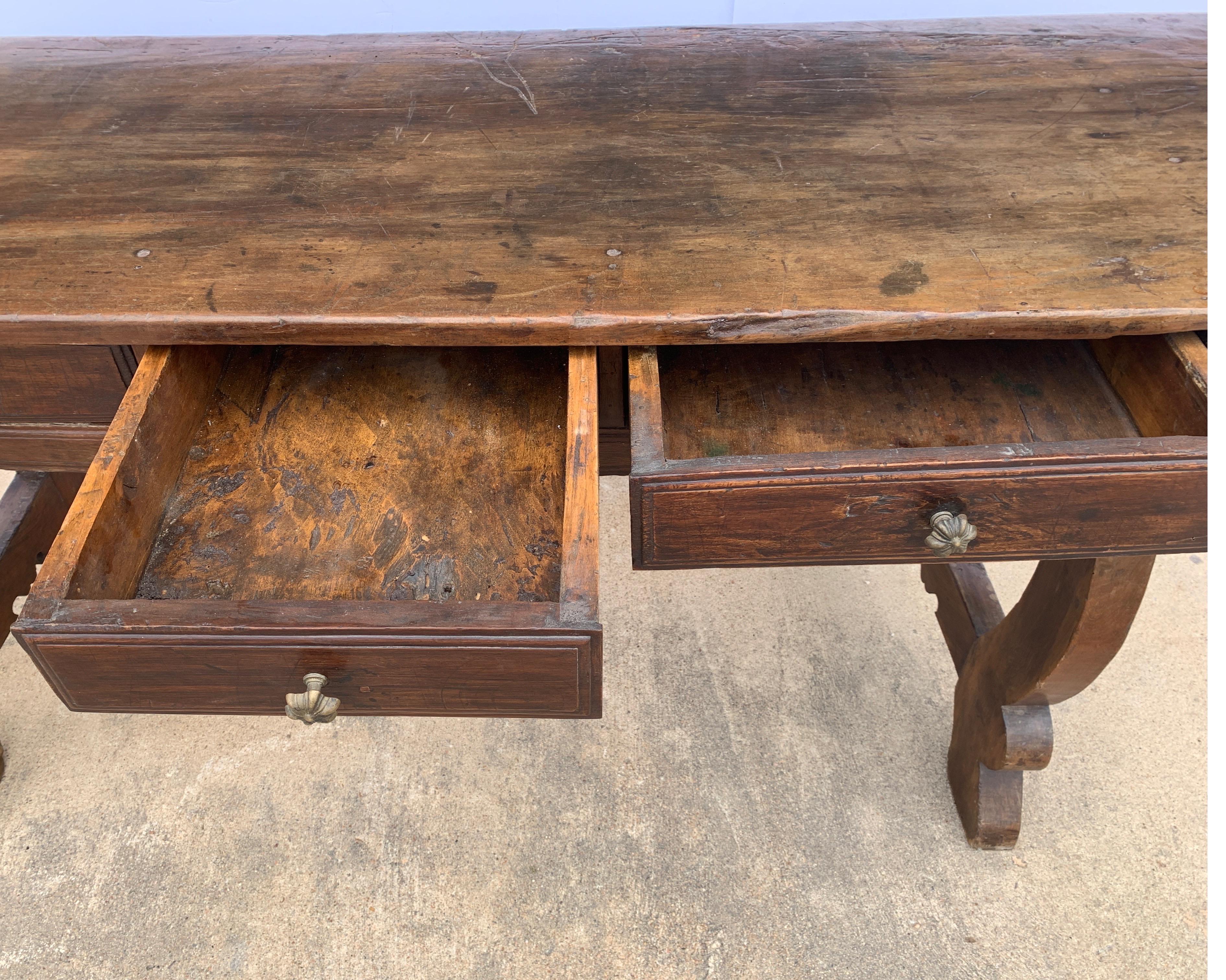 Italian circa 1650s Tuscan Console with Single Board Walnut Top and Three Drawer 12