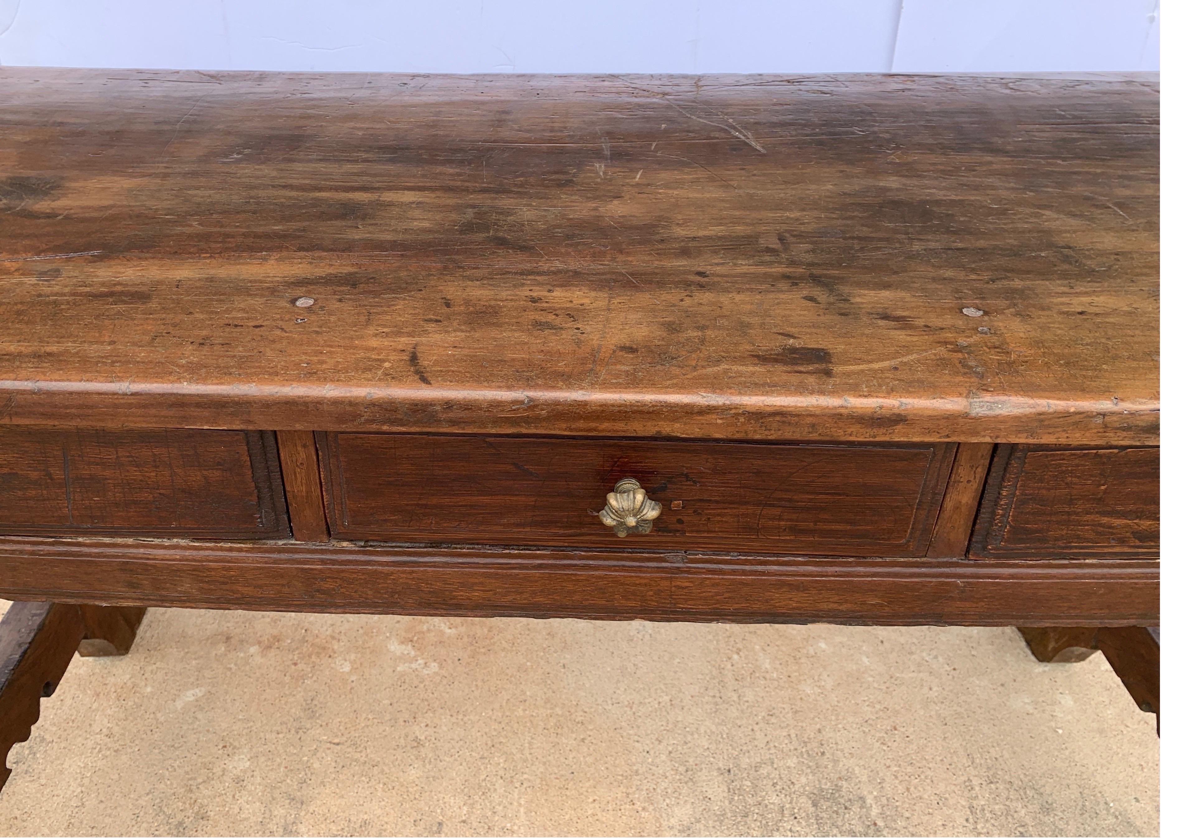 Hand-Crafted Italian circa 1650s Tuscan Console with Single Board Walnut Top and Three Drawer