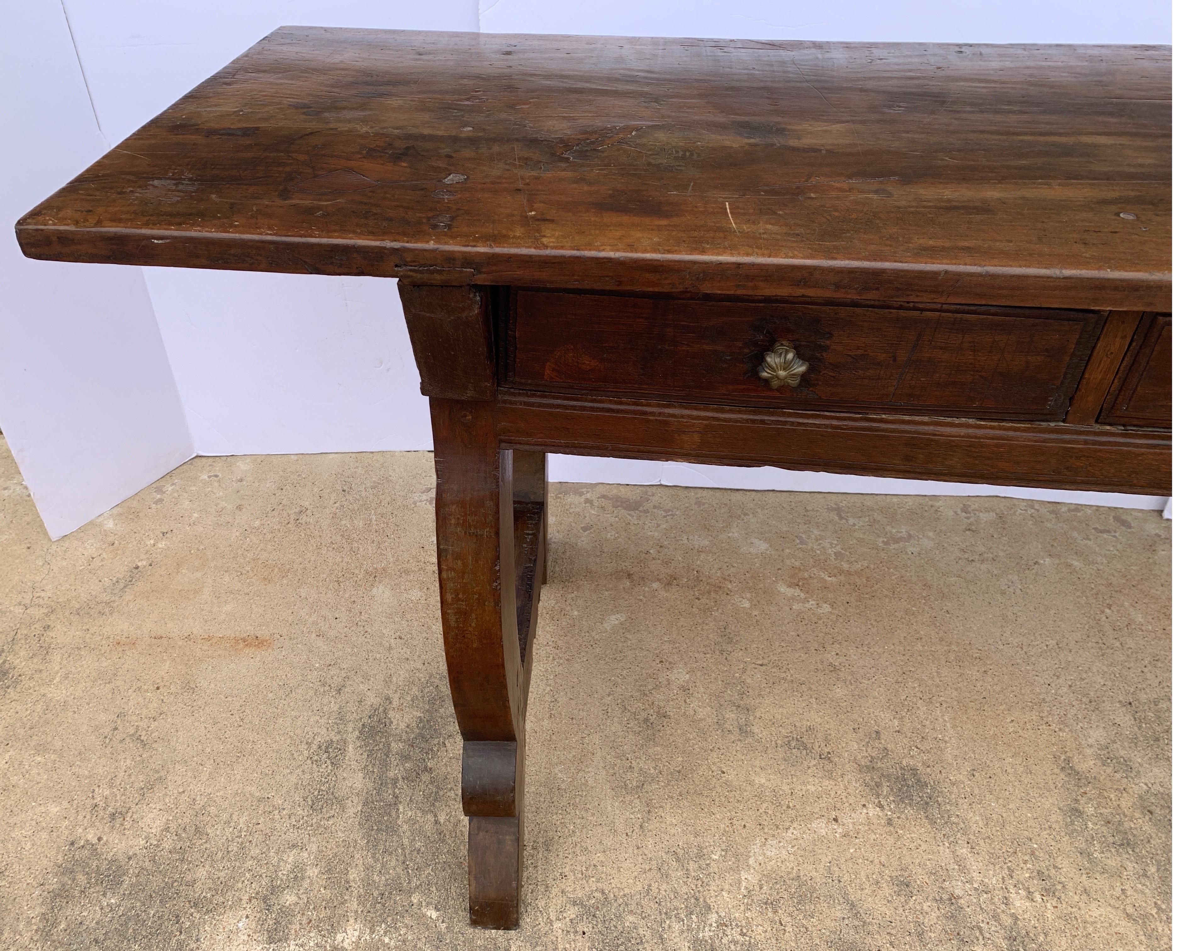 Italian circa 1650s Tuscan Console with Single Board Walnut Top and Three Drawer In Good Condition In Houston, TX