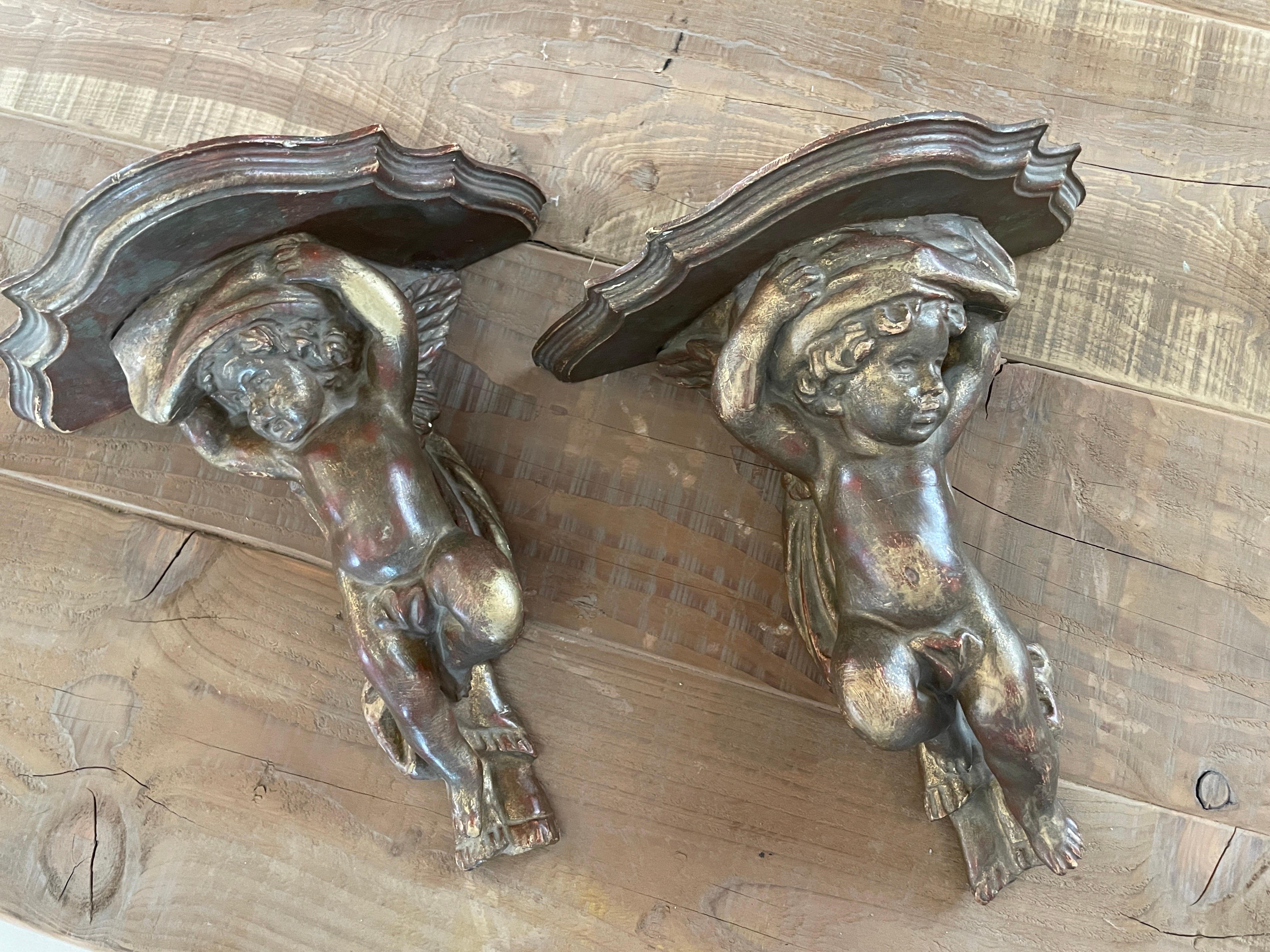 Hand-Carved Italian Circa 1800s Wood Carved Gilt Gold Angel Shelves  For Sale