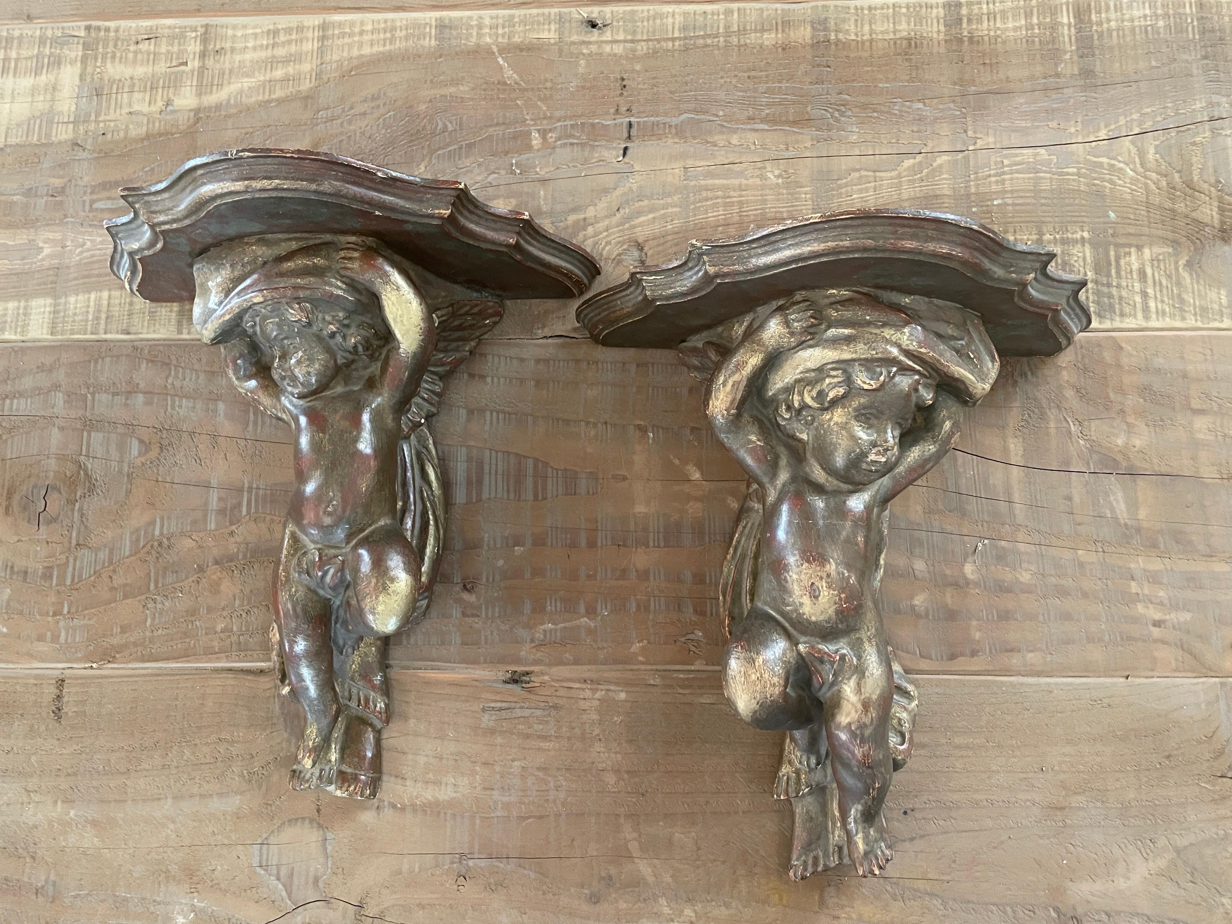 Italian Circa 1800s Wood Carved Gilt Gold Angel Shelves  In Good Condition For Sale In Houston, TX