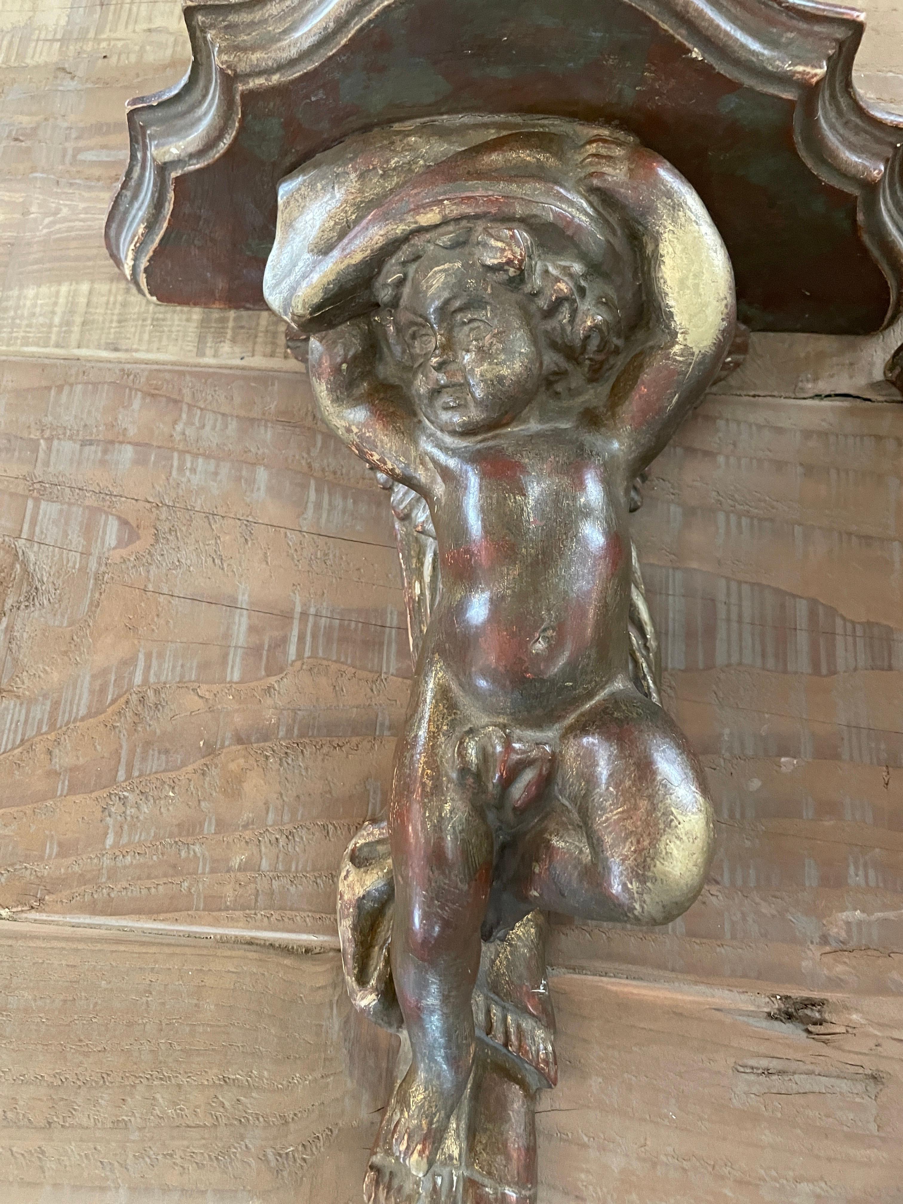 Giltwood Italian Circa 1800s Wood Carved Gilt Gold Angel Shelves  For Sale