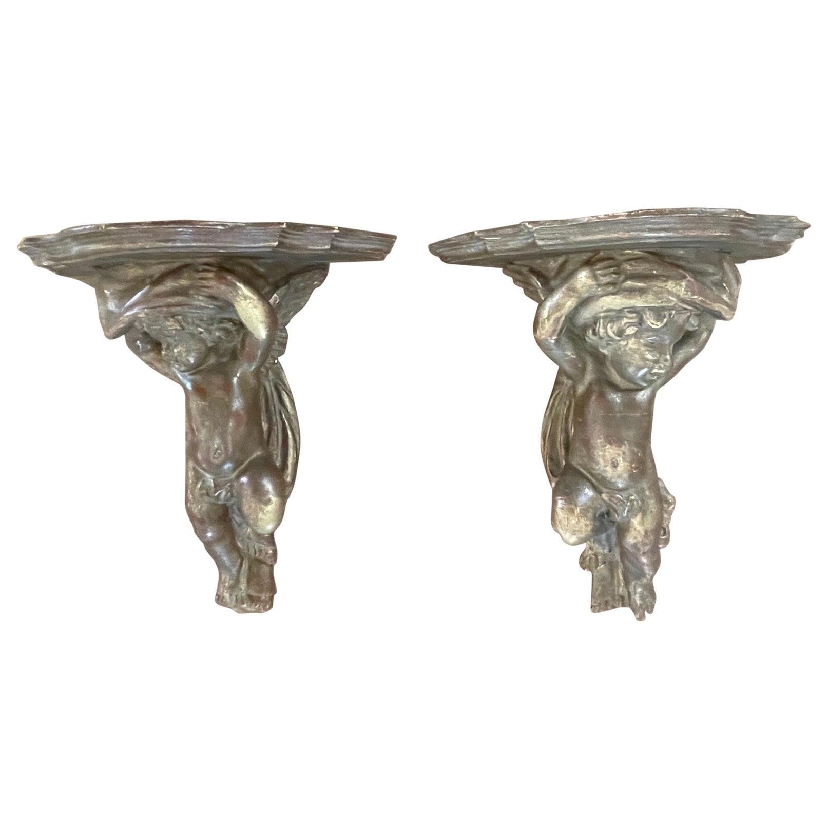 Étagères d'anges italiennes des années 1800 en bois sculpté et doré