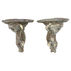 Italian Circa 1800s Wood Carved Gilt Gold Angel Shelves