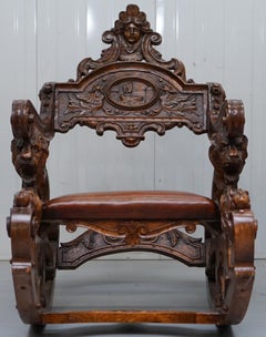 Italian circa 1850 Fruitwood Restored Hand Carved Lion & Cherub Rocking Armchair