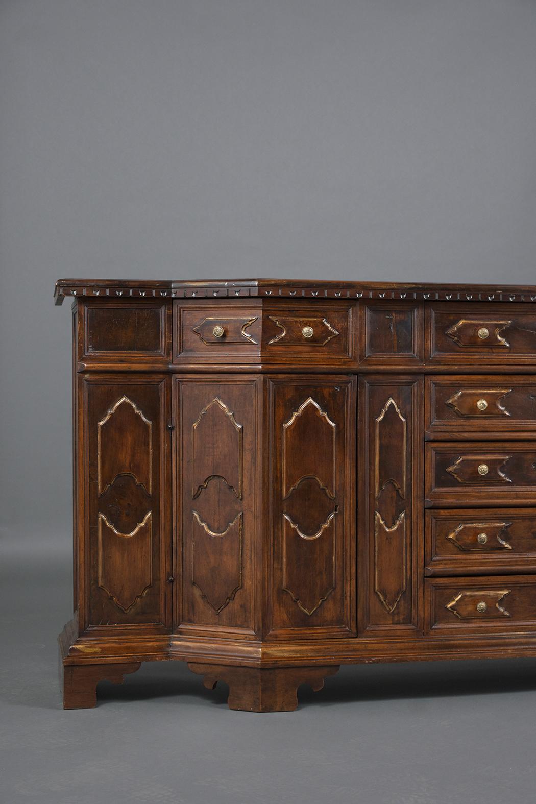 Italian Restored Antique Baroque Walnut Buffet with Gilt Accents and Brass Knobs For Sale