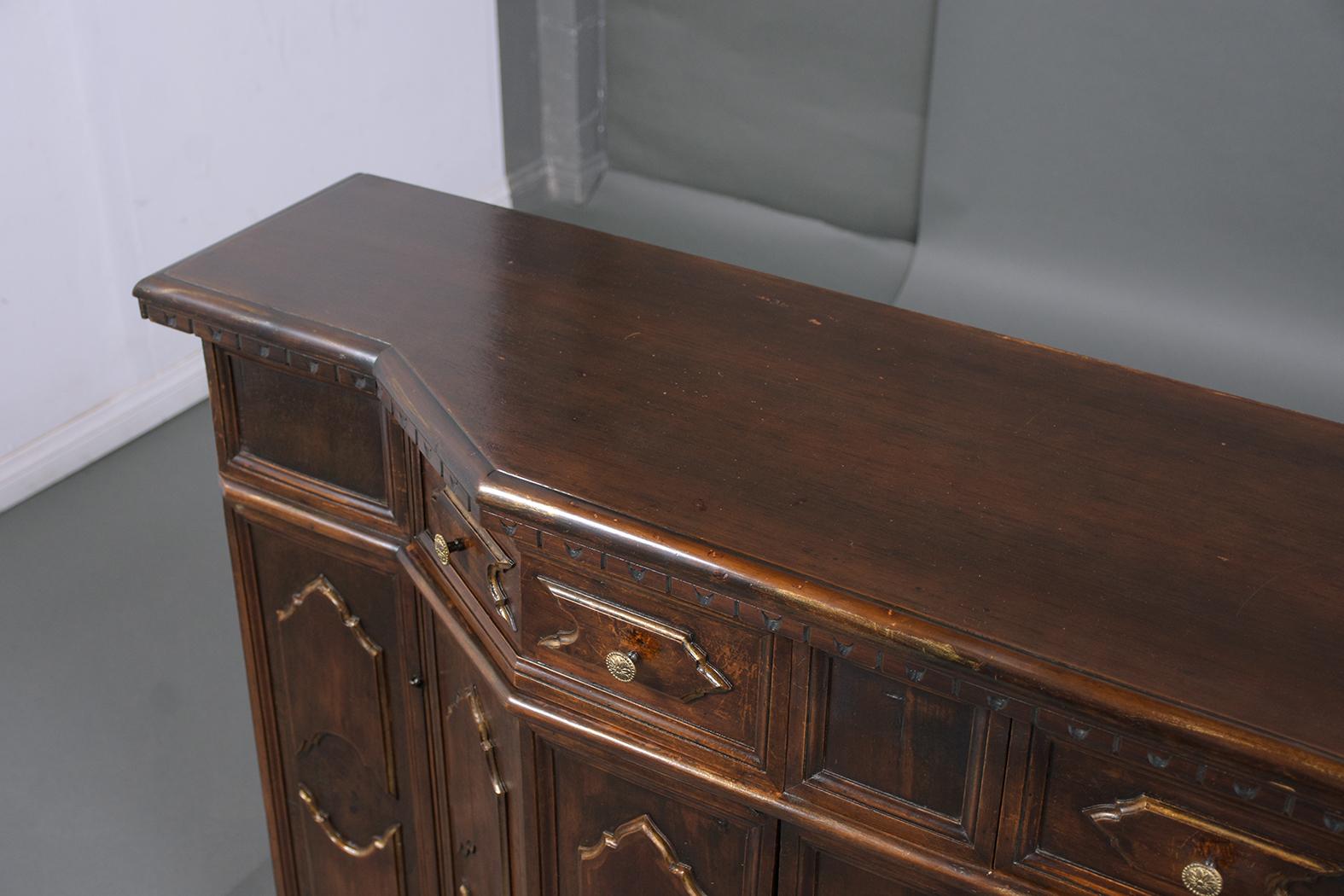 Restored Antique Baroque Walnut Buffet with Gilt Accents and Brass Knobs For Sale 7