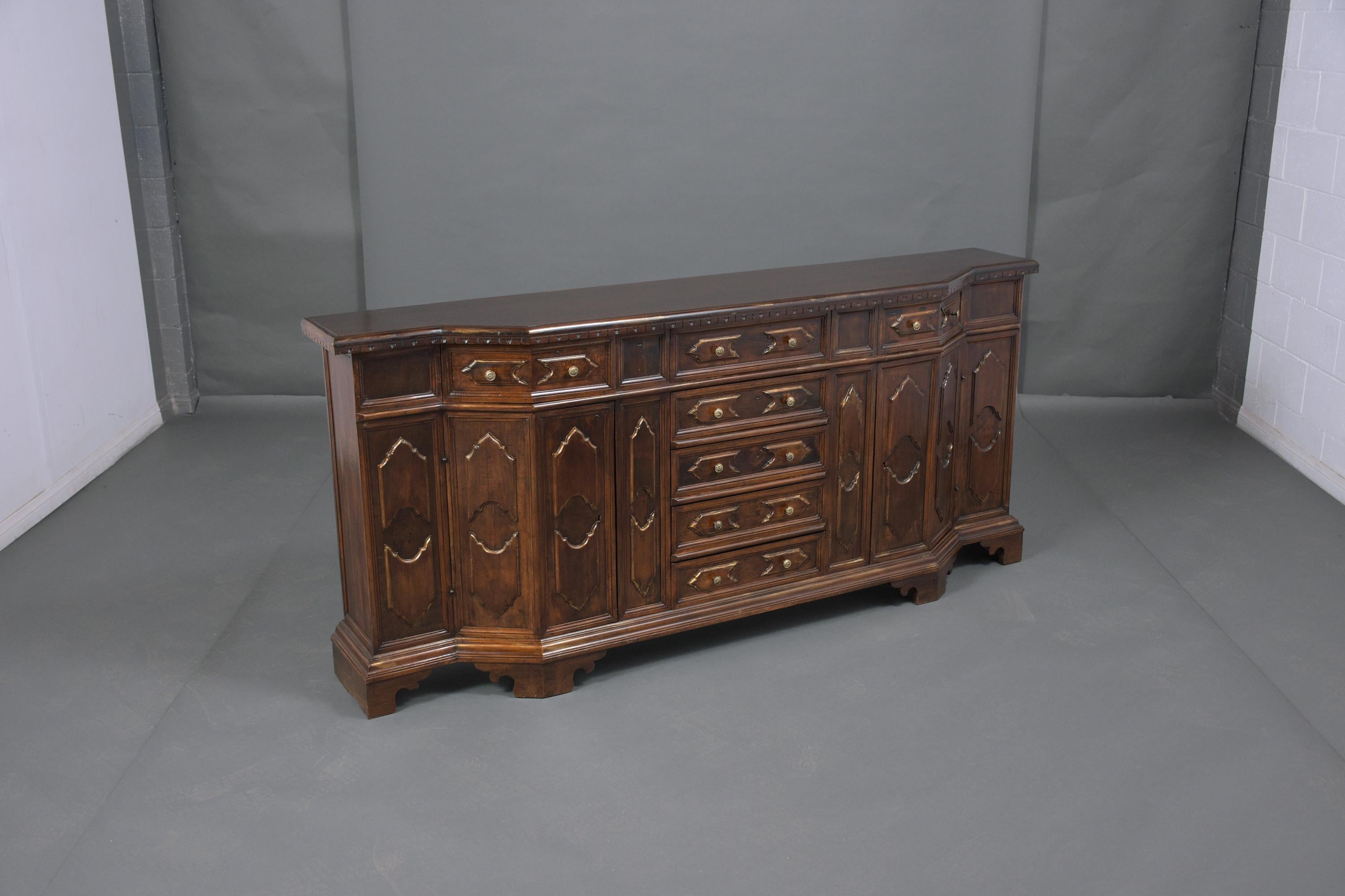 Restored Antique Baroque Walnut Buffet with Gilt Accents and Brass Knobs For Sale 6
