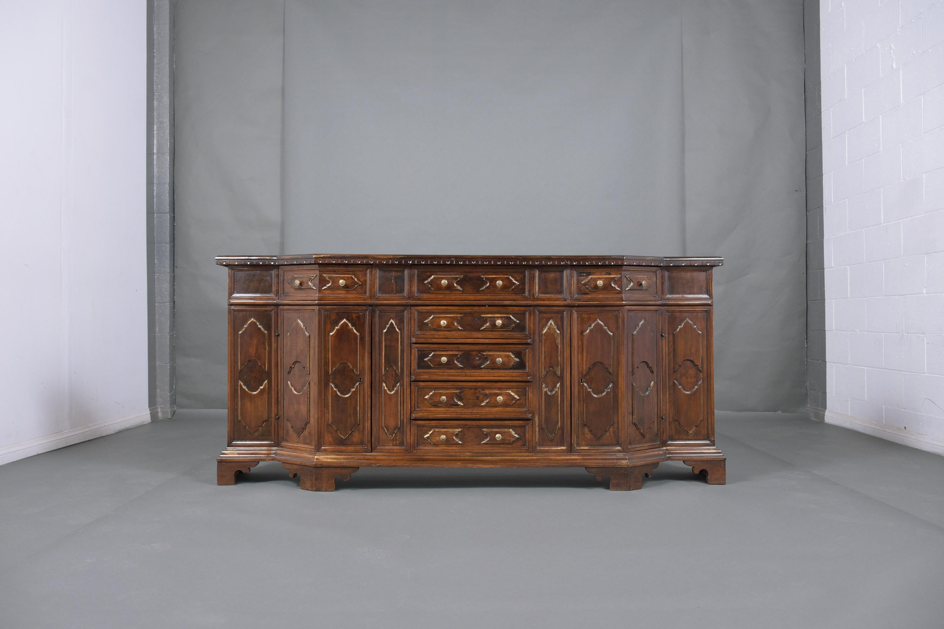 Early 20th Century Restored Antique Baroque Walnut Buffet with Gilt Accents and Brass Knobs For Sale