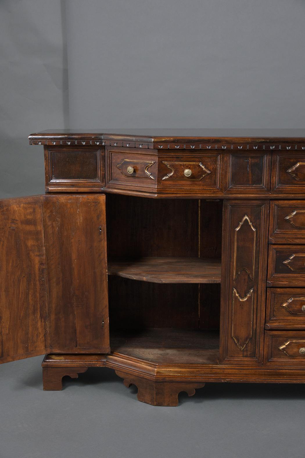 Restored Antique Baroque Walnut Buffet with Gilt Accents and Brass Knobs For Sale 2