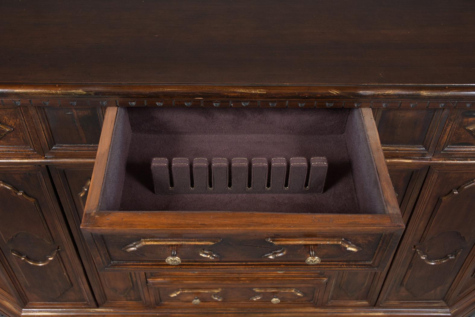 Restored Antique Baroque Walnut Buffet with Gilt Accents and Brass Knobs For Sale 3