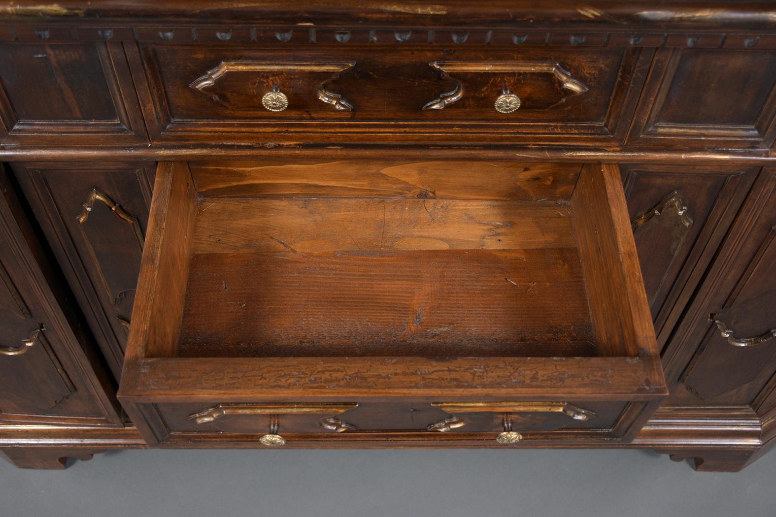 Restored Antique Baroque Walnut Buffet with Gilt Accents and Brass Knobs For Sale 5