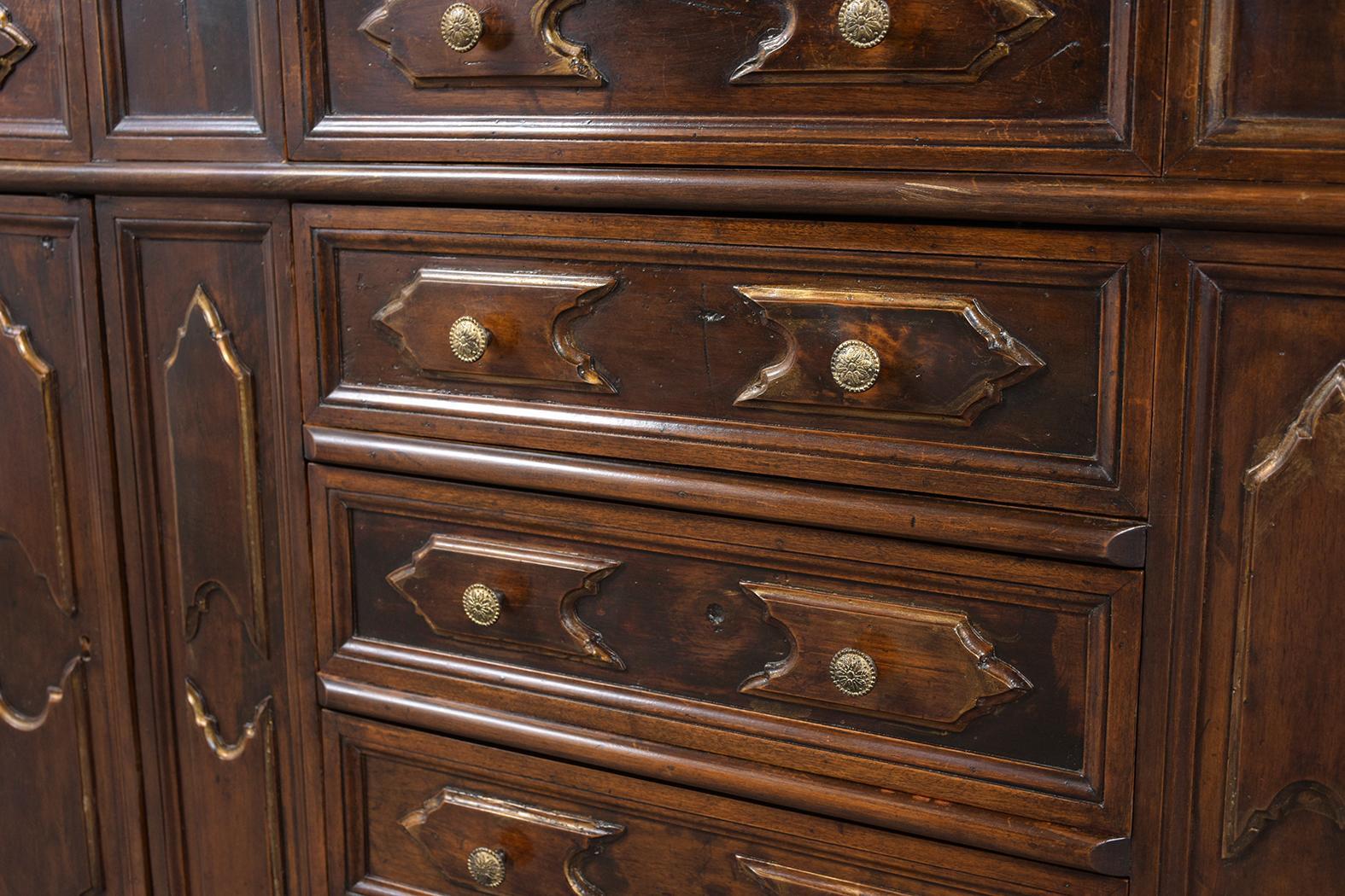 Early 20th Century Restored Antique Baroque Walnut Buffet with Gilt Accents and Brass Knobs For Sale