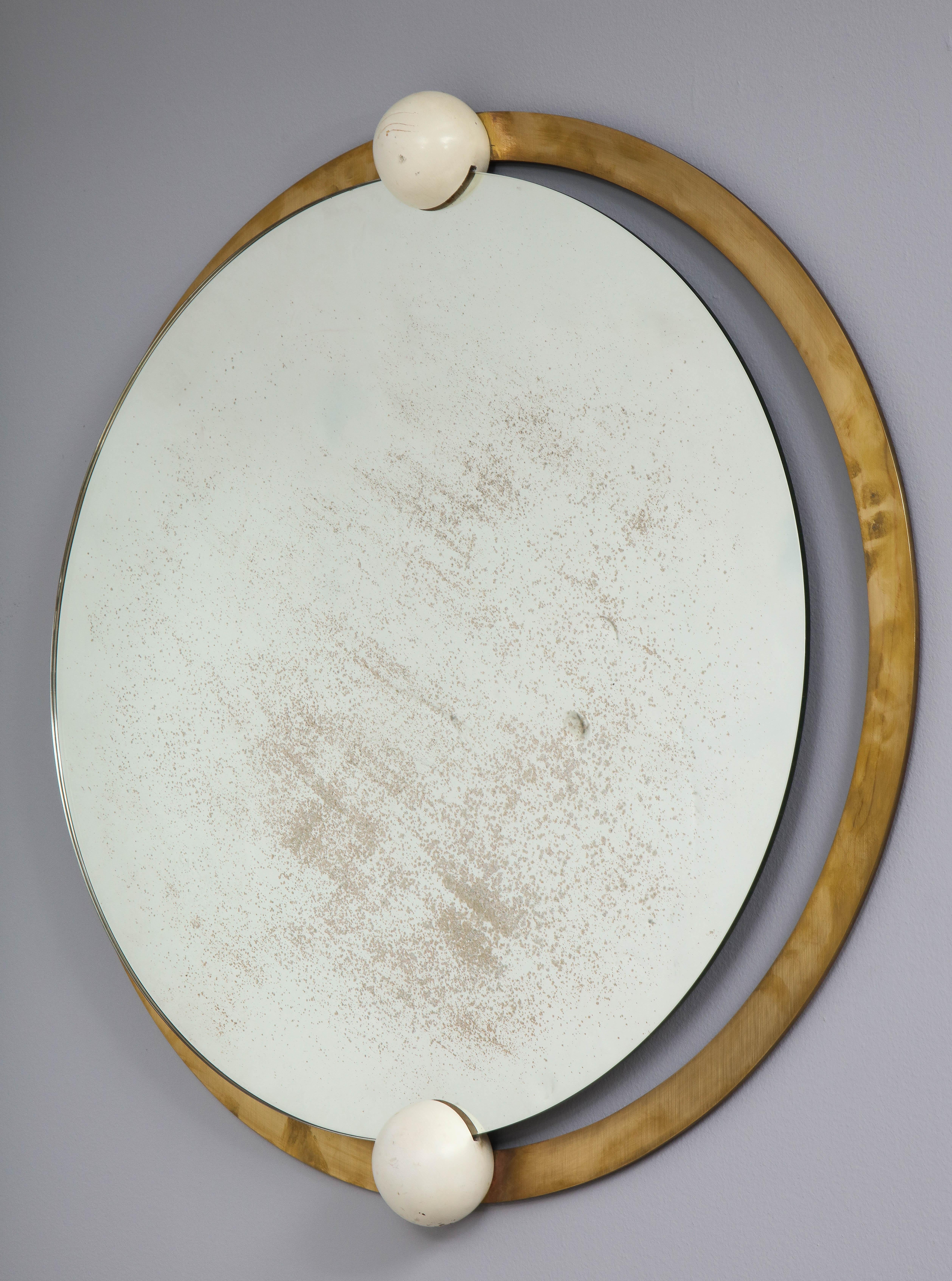 Mid-Century Modern Italian Circular Brass and Wood Mirror