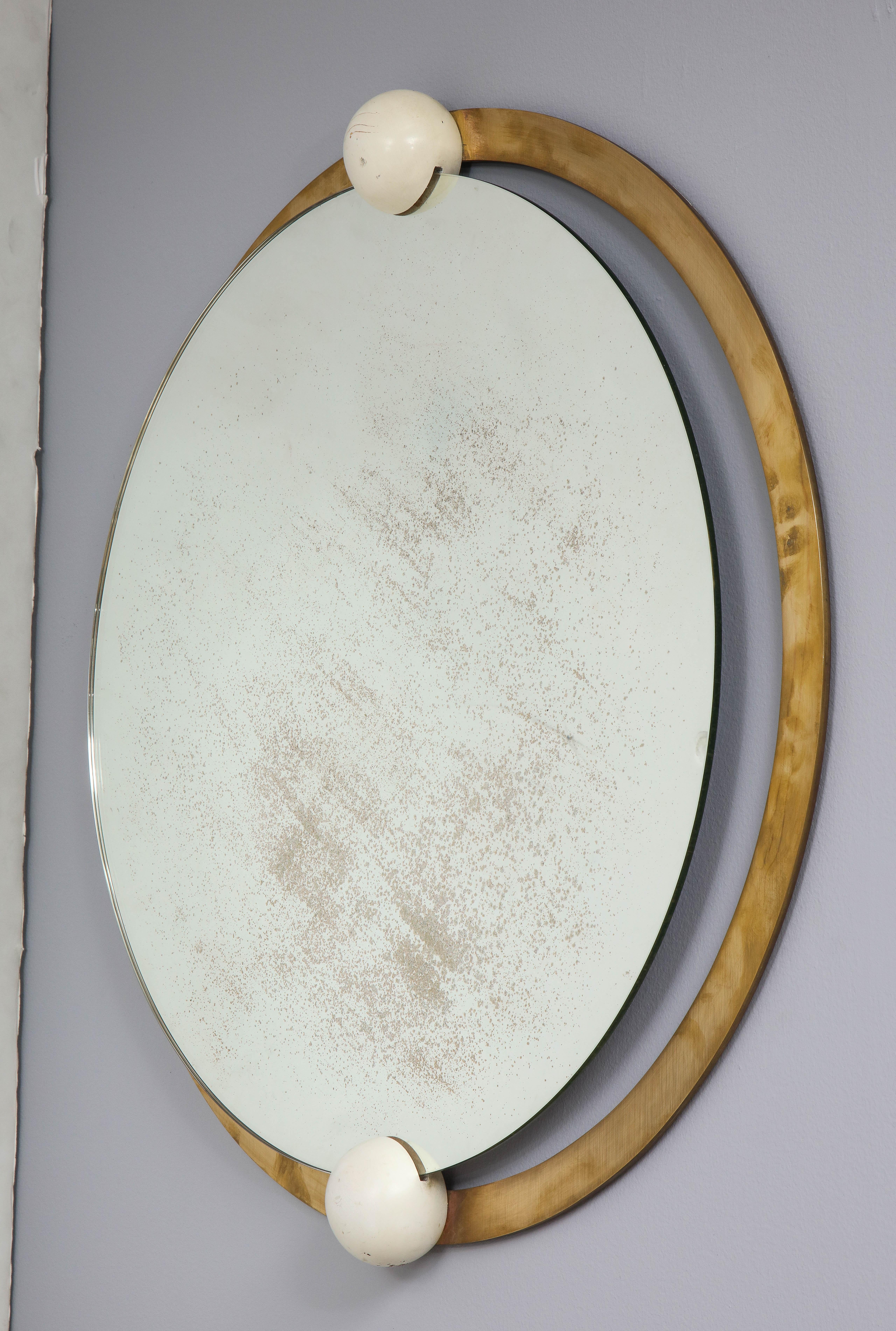 Italian Circular Brass and Wood Mirror In Good Condition In New York, NY