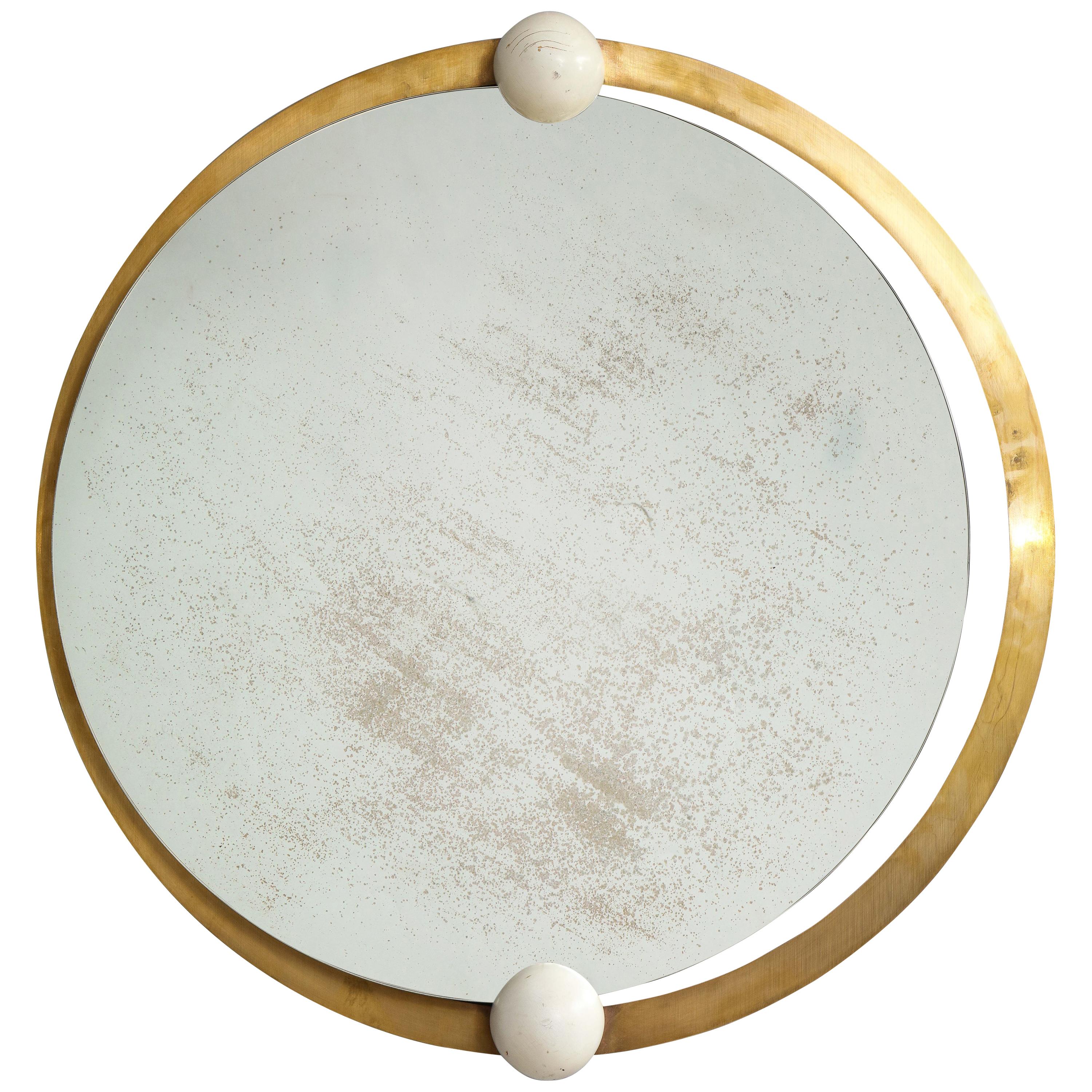Italian Circular Brass and Wood Mirror