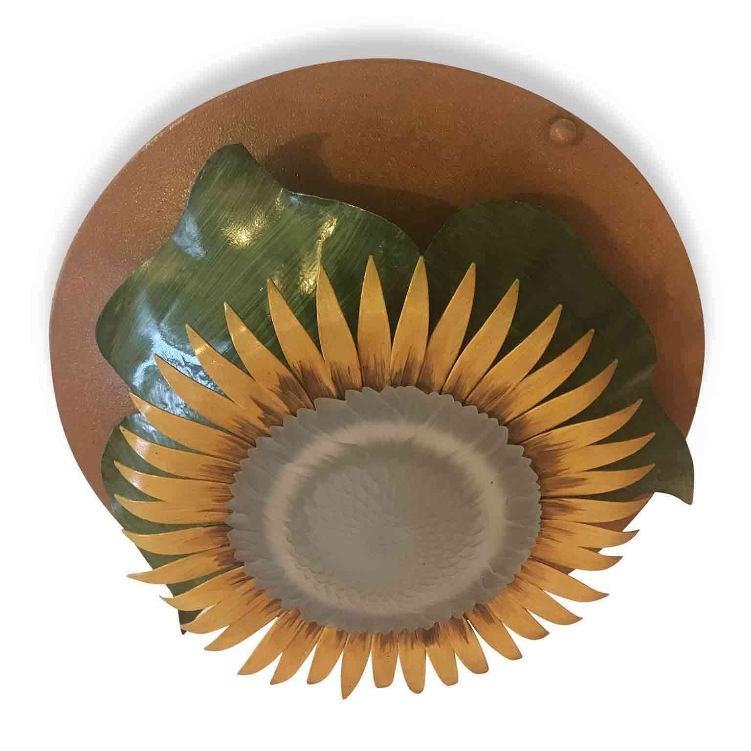 Vintage Italian one-light ceiling fixture by Banci, manufactured by Banci Firenze. One-light socket depicting a large sunflower. This original Italian design ceiling light is inspired to a metal terracotta vase pot decorated with green painted