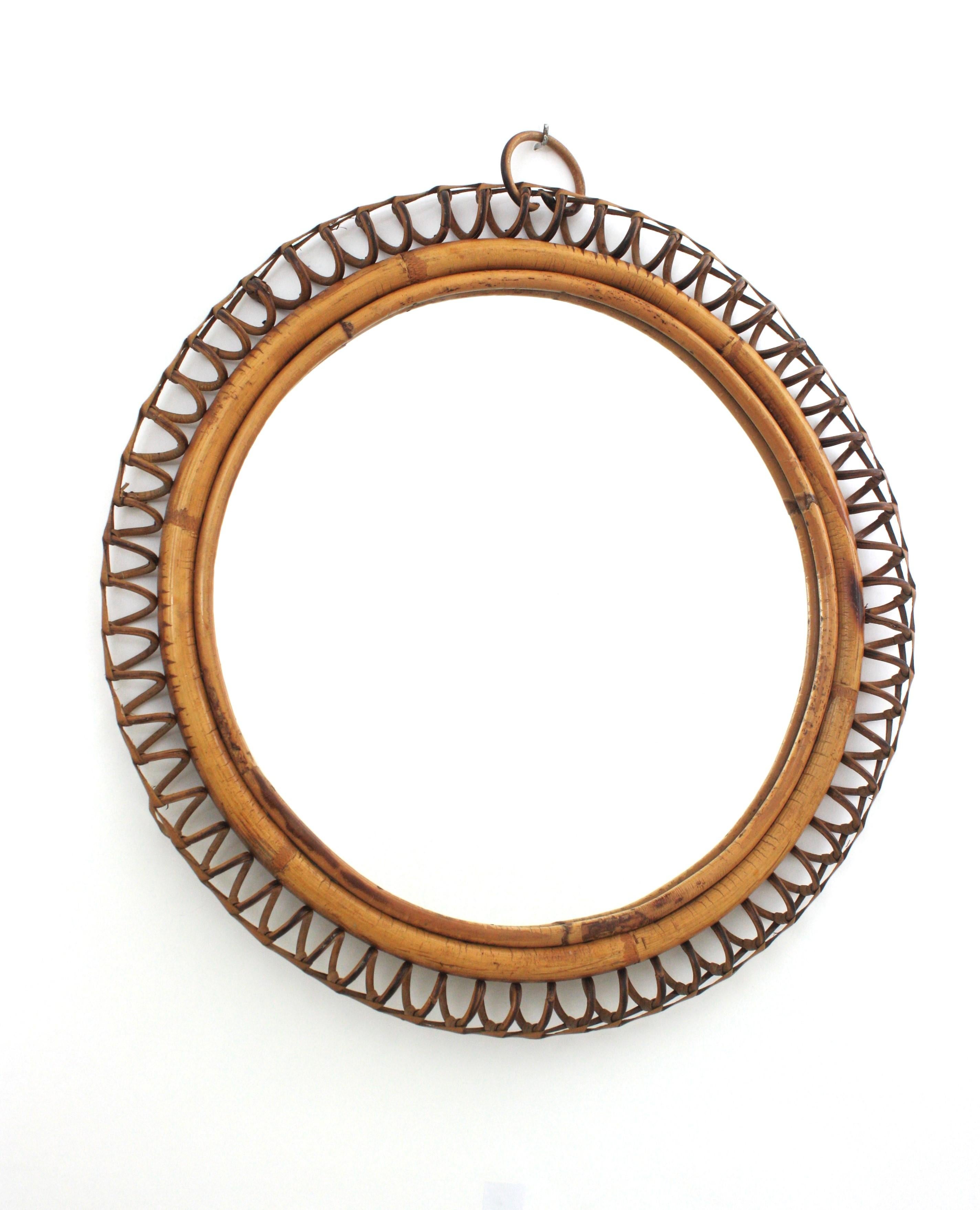 Mid-Century Modern Italian Circular Mirror By Franco Albini in Rattan, 1950s For Sale