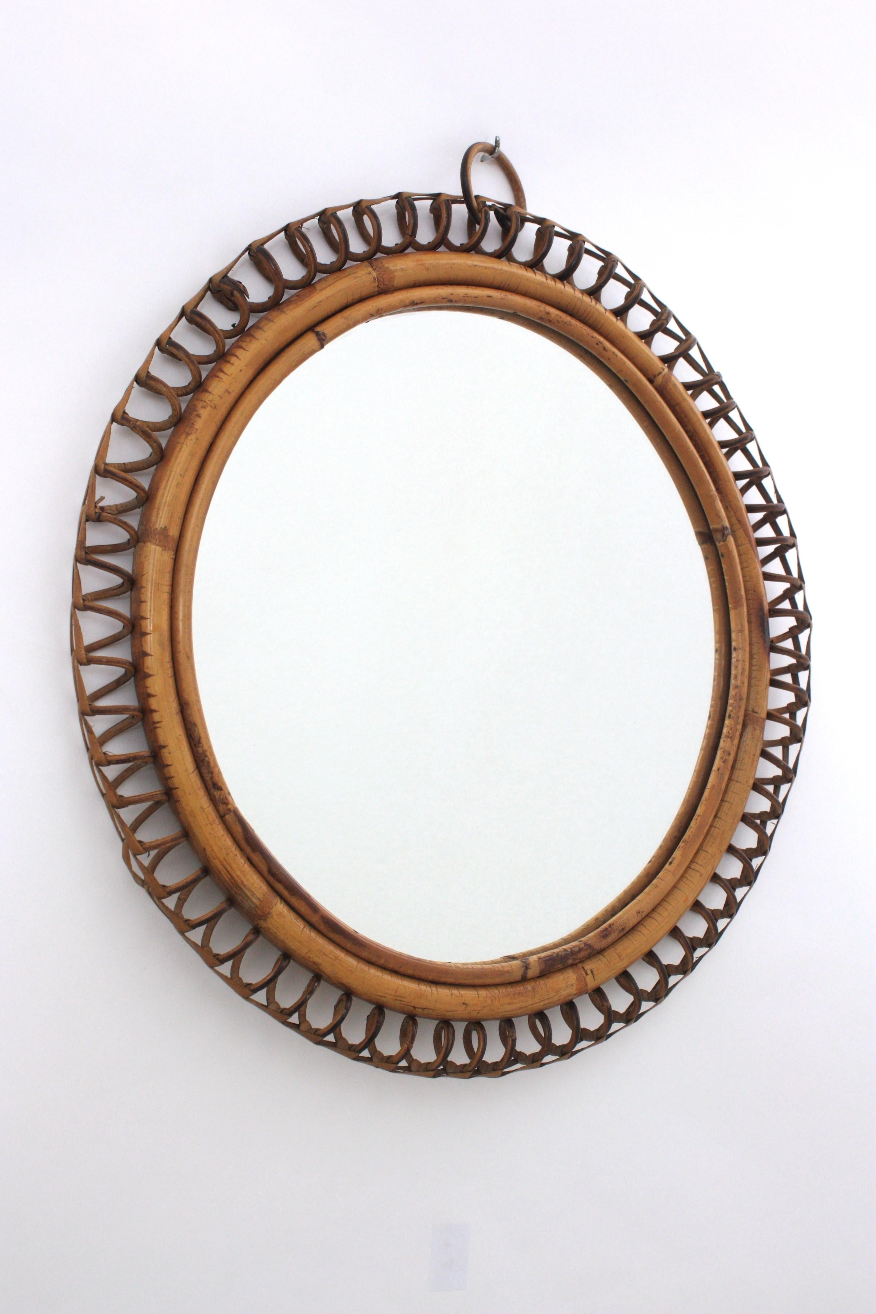 Hand-Crafted Italian Circular Mirror By Franco Albini in Rattan, 1950s For Sale