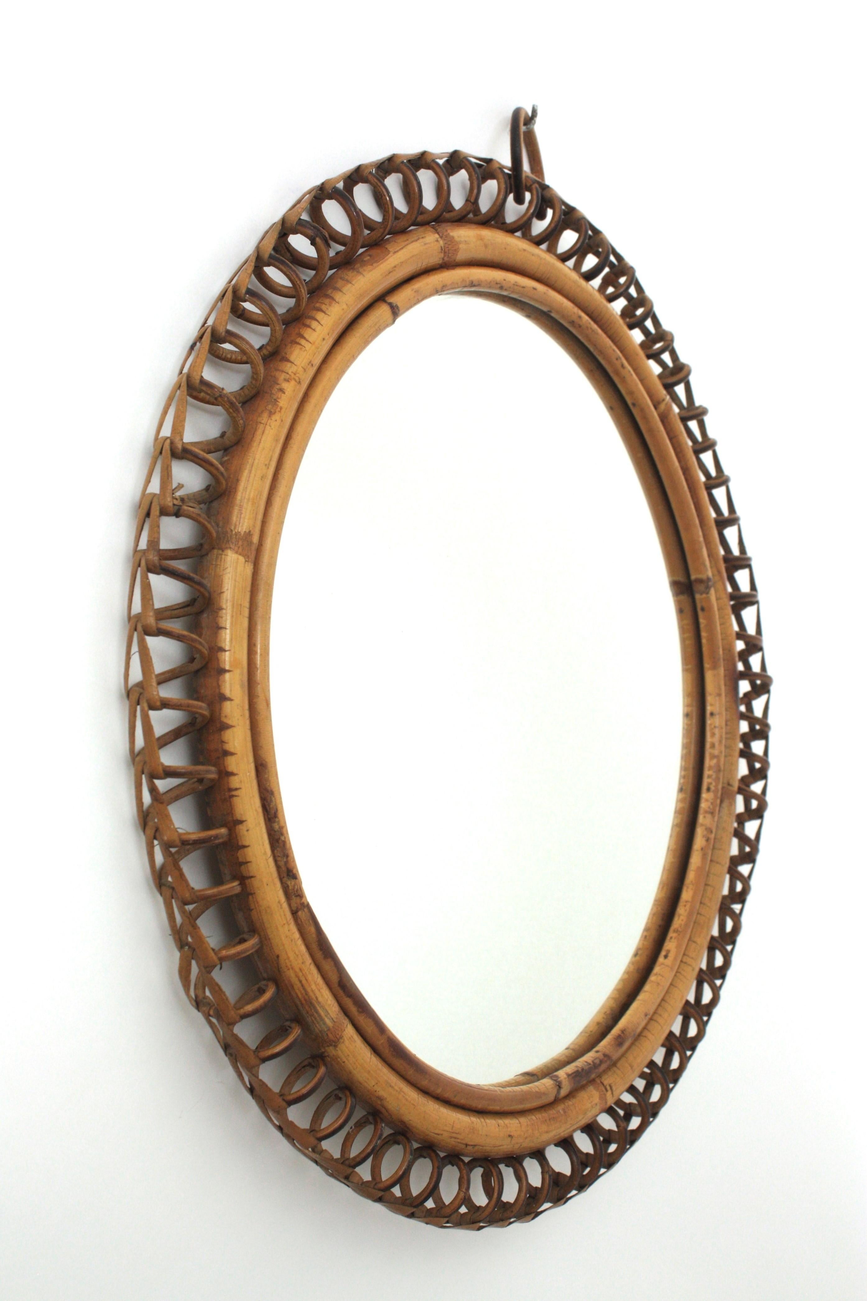 Italian Circular Mirror By Franco Albini in Rattan, 1950s For Sale 1