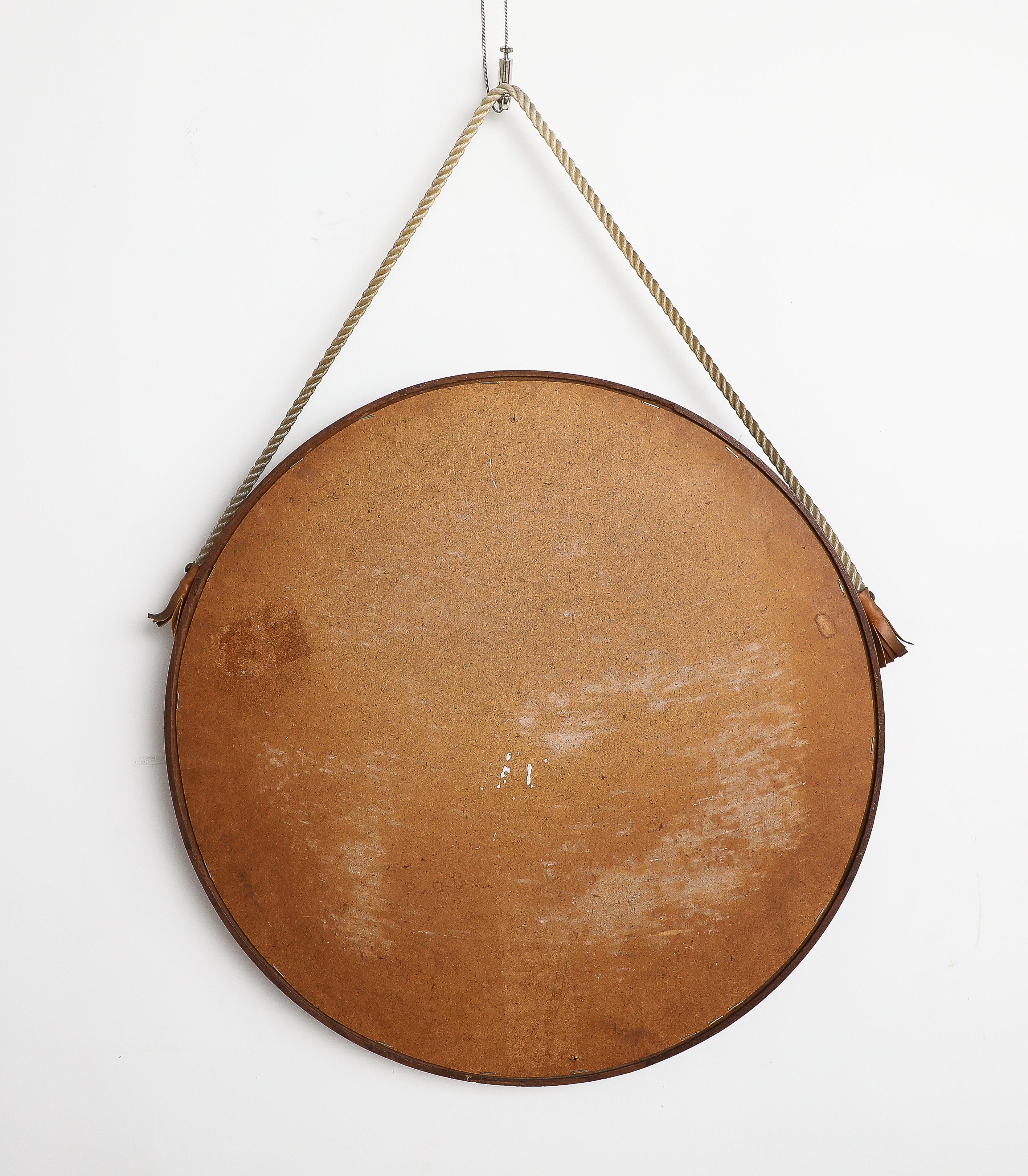 Italian Circular Teak Wall Mirror with Rope and Leather, circa 1960  For Sale 6