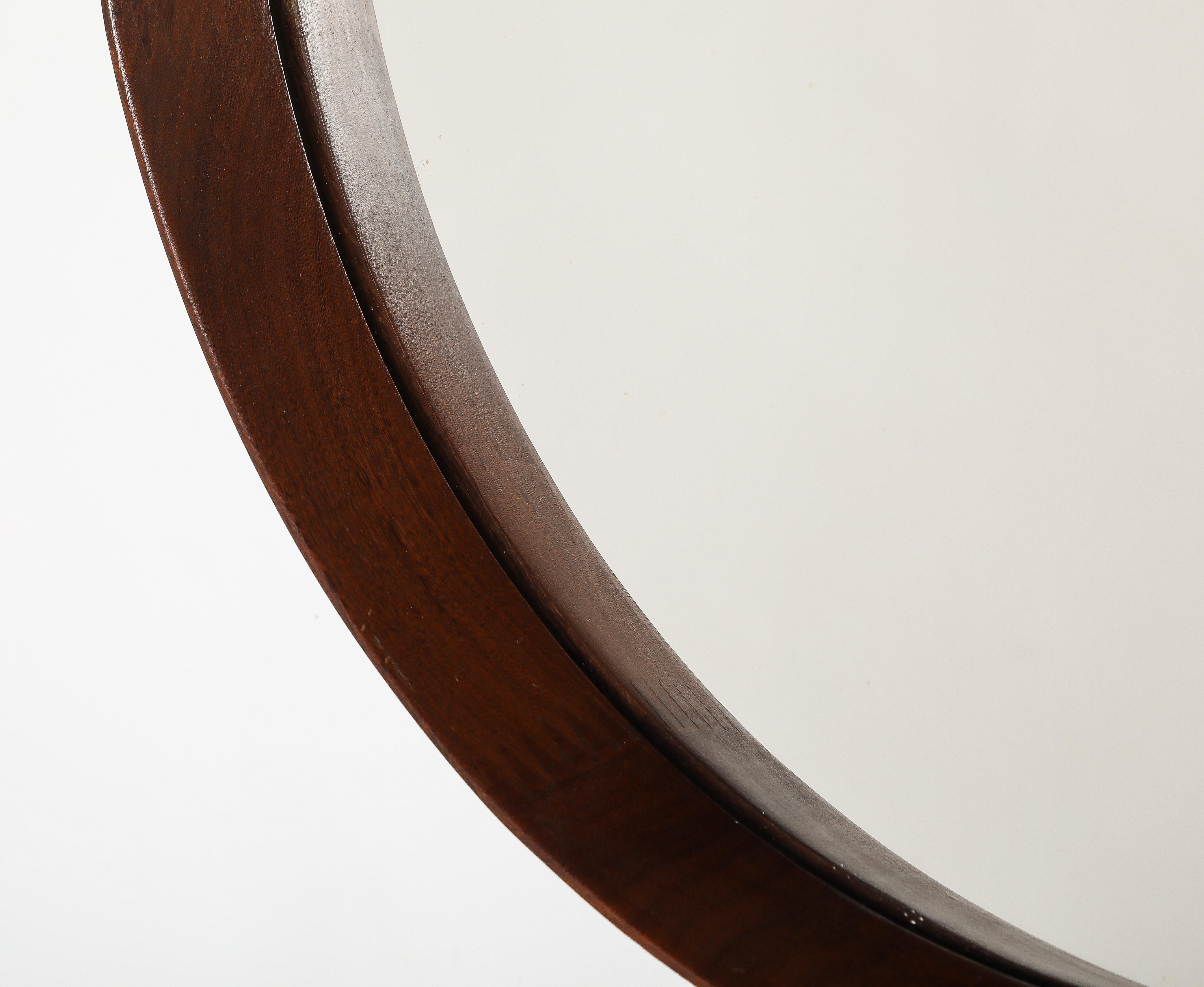 Mid-Century Modern Italian Circular Teak Wall Mirror with Rope and Leather, circa 1960  For Sale