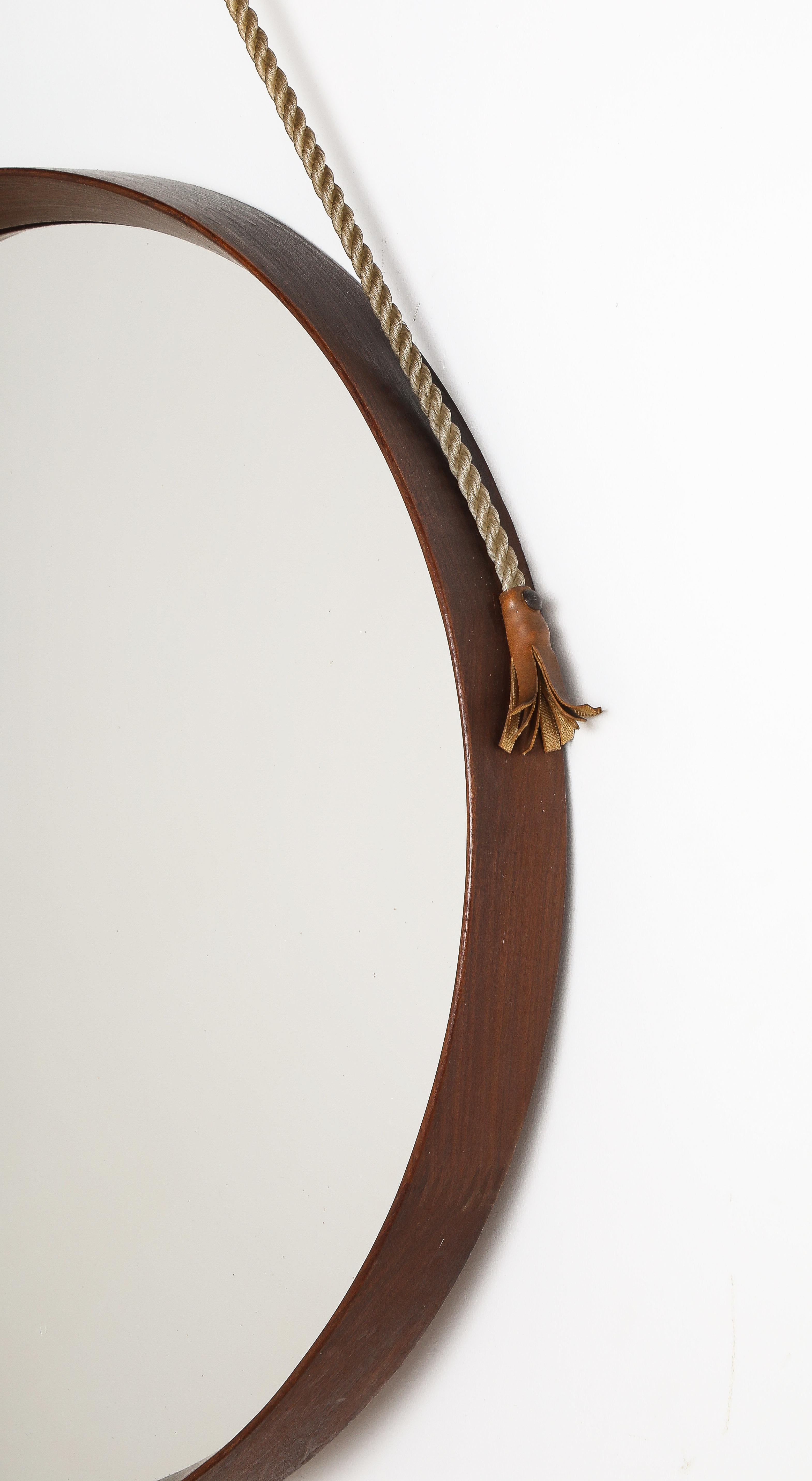 Mid-20th Century Italian Circular Teak Wall Mirror with Rope and Leather, circa 1960  For Sale