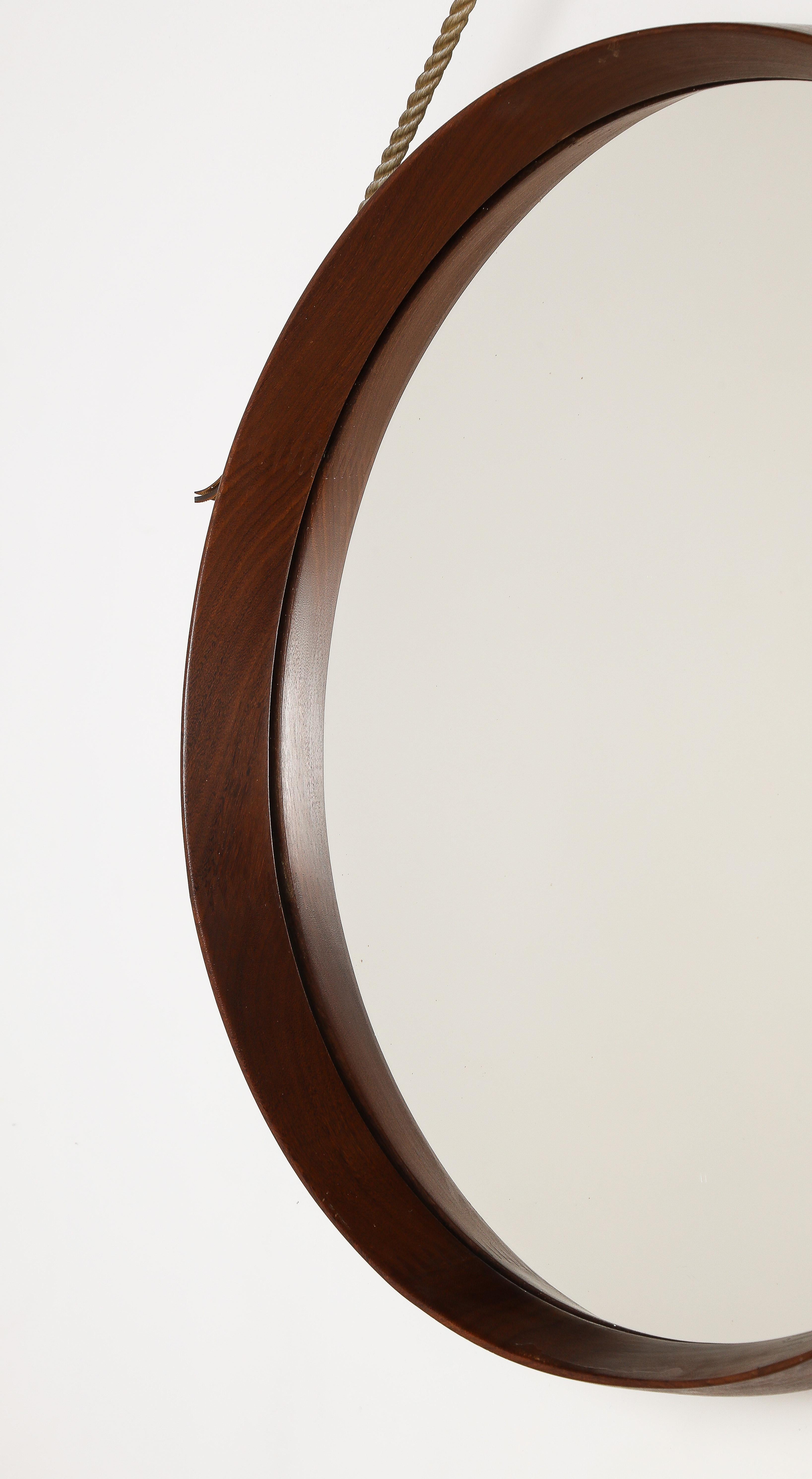 Italian Circular Teak Wall Mirror with Rope and Leather, circa 1960  For Sale 1