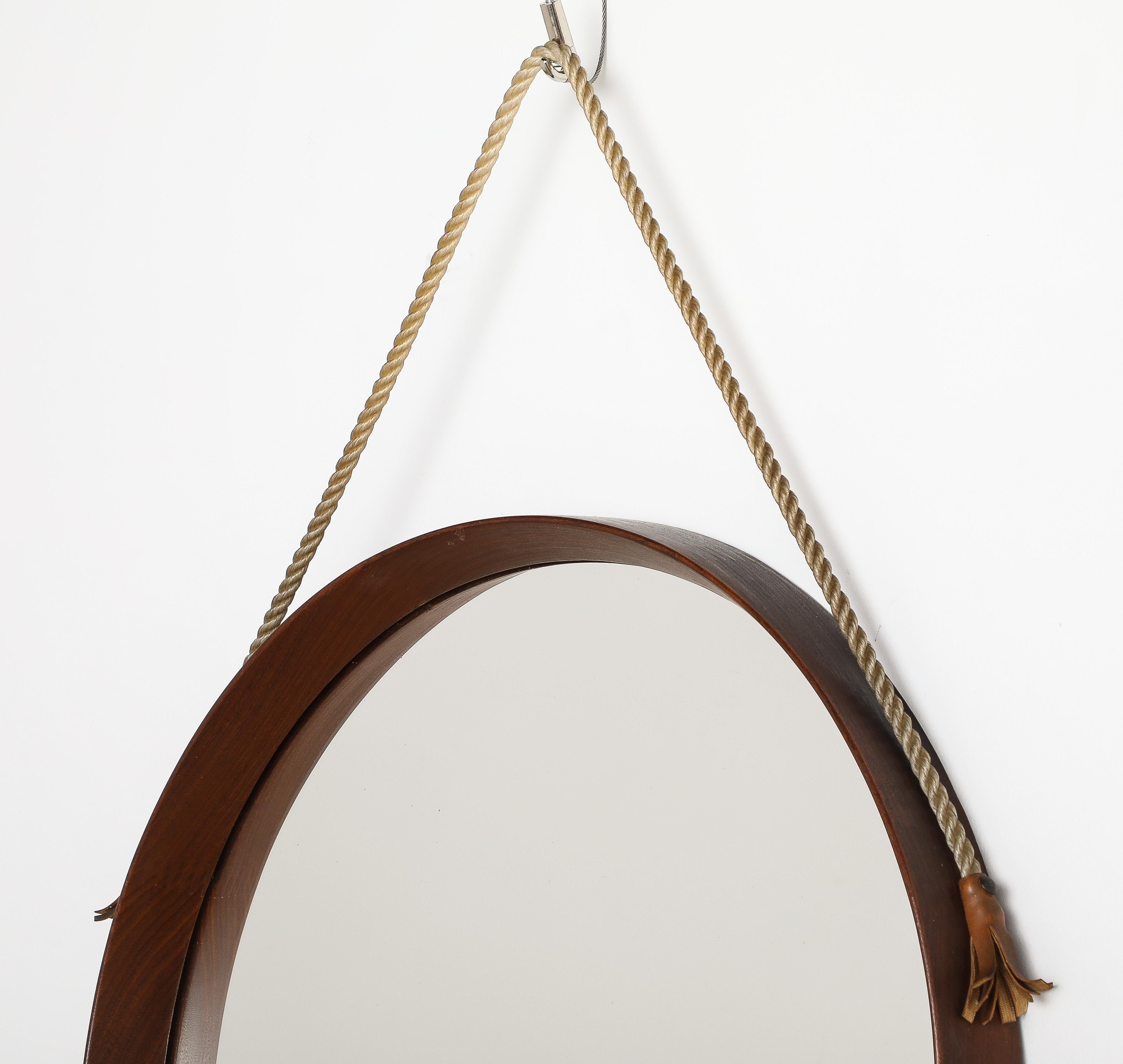 Italian Circular Teak Wall Mirror with Rope and Leather, circa 1960  For Sale 2