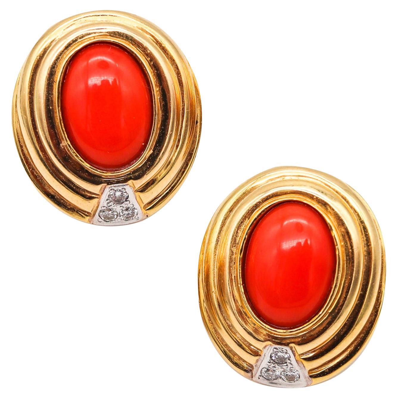 Italian Classic Earrings in 18Kt Yellow Gold with 10.44 Cts in Coral and Diamond For Sale