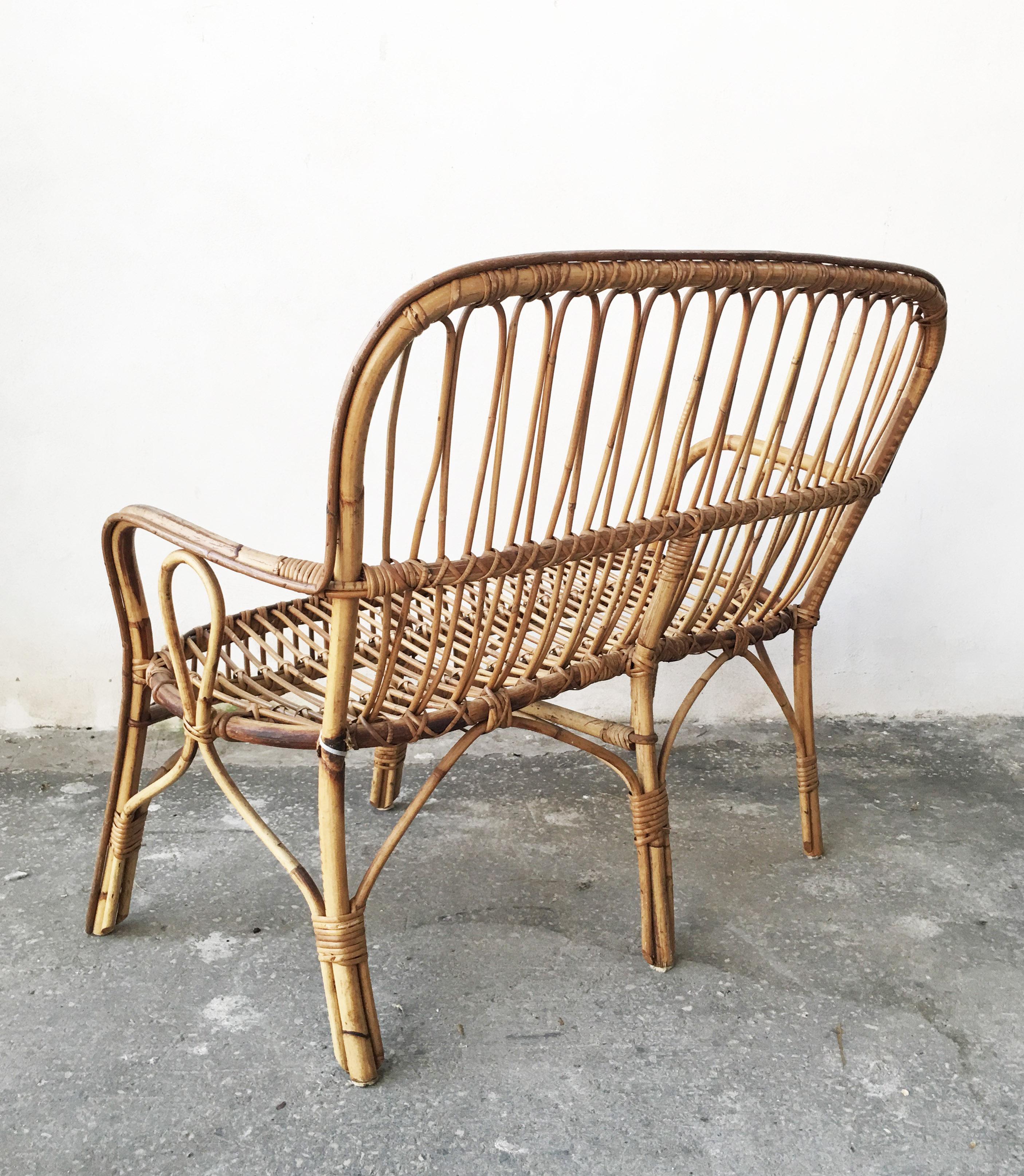Mid-20th Century Italian Classic Sofa in Bamboo and Rattan with Curved Twine, Two-Seat, 1950s For Sale