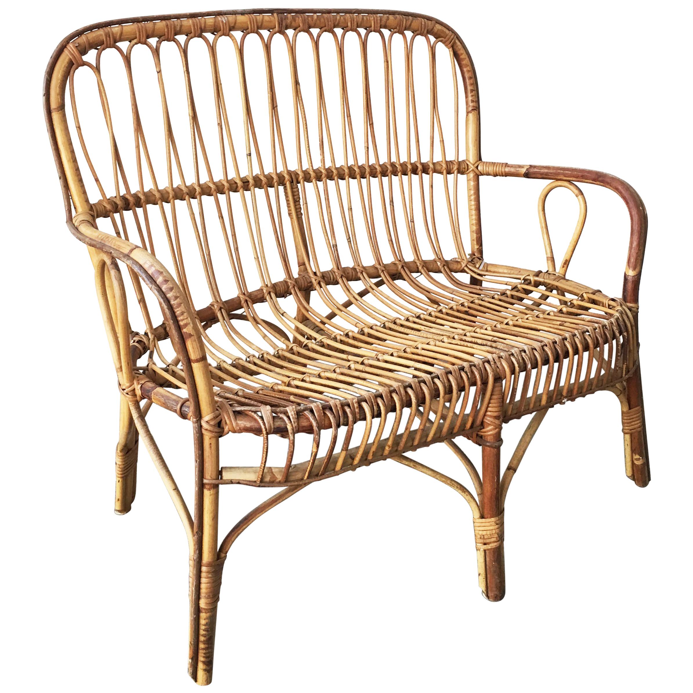 Italian Classic Sofa in Bamboo and Rattan with Curved Twine, Two-Seat, 1950s For Sale