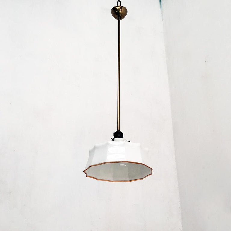 Italian Classic Vintage White Glass and Brunished Brass Chandelier