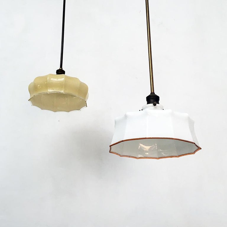 Italian Classic Vintage White Glass and Brunished Brass Chandelier