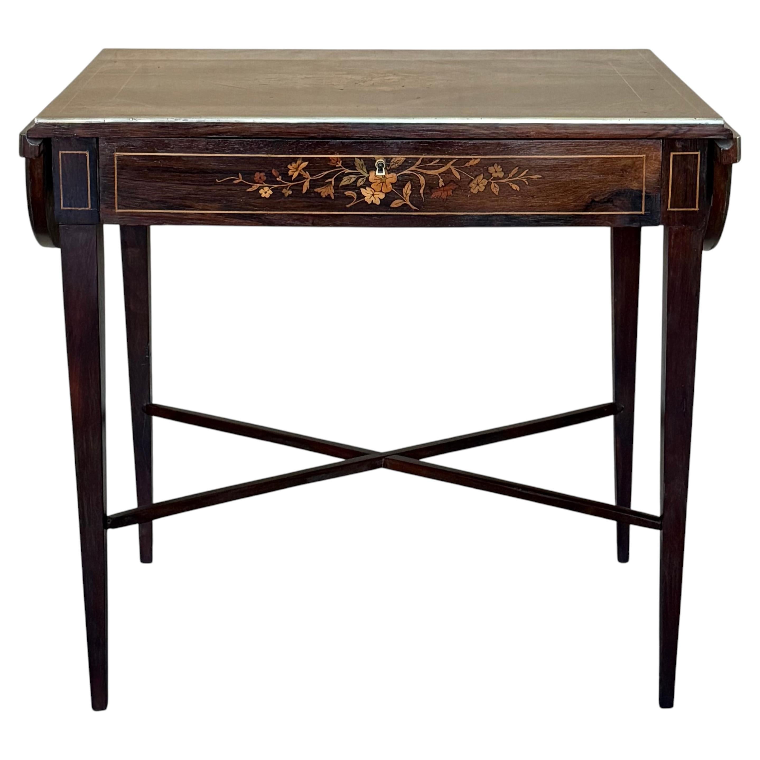 Italian Classic Walnut Marquetry Desk Writing Table with Two leafs
