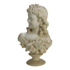 Italian Classical Carved Alabaster Bust Of A Maiden With Flowers By P. Bazzanti