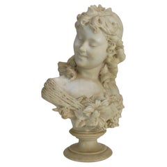 Italian Classical Carved Alabaster Bust Of A Maiden With Flowers By P. Bazzanti