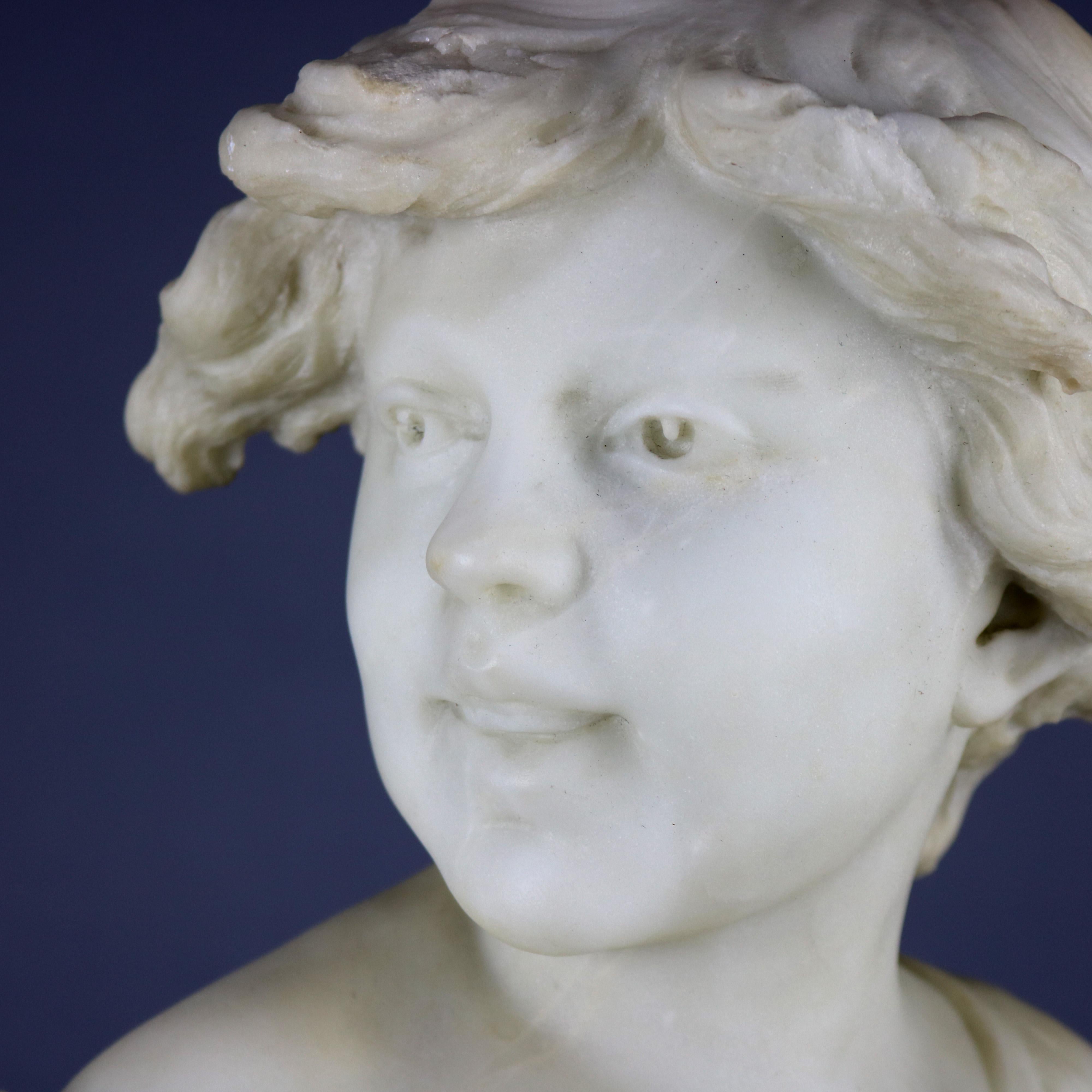 An antique and large Italian carved alabaster portrait sculpture depicts young girl, en verso signed Piazza Carrara (Antonio Piazza), seated on marble plinth, 19th century.

Measures: 18.5