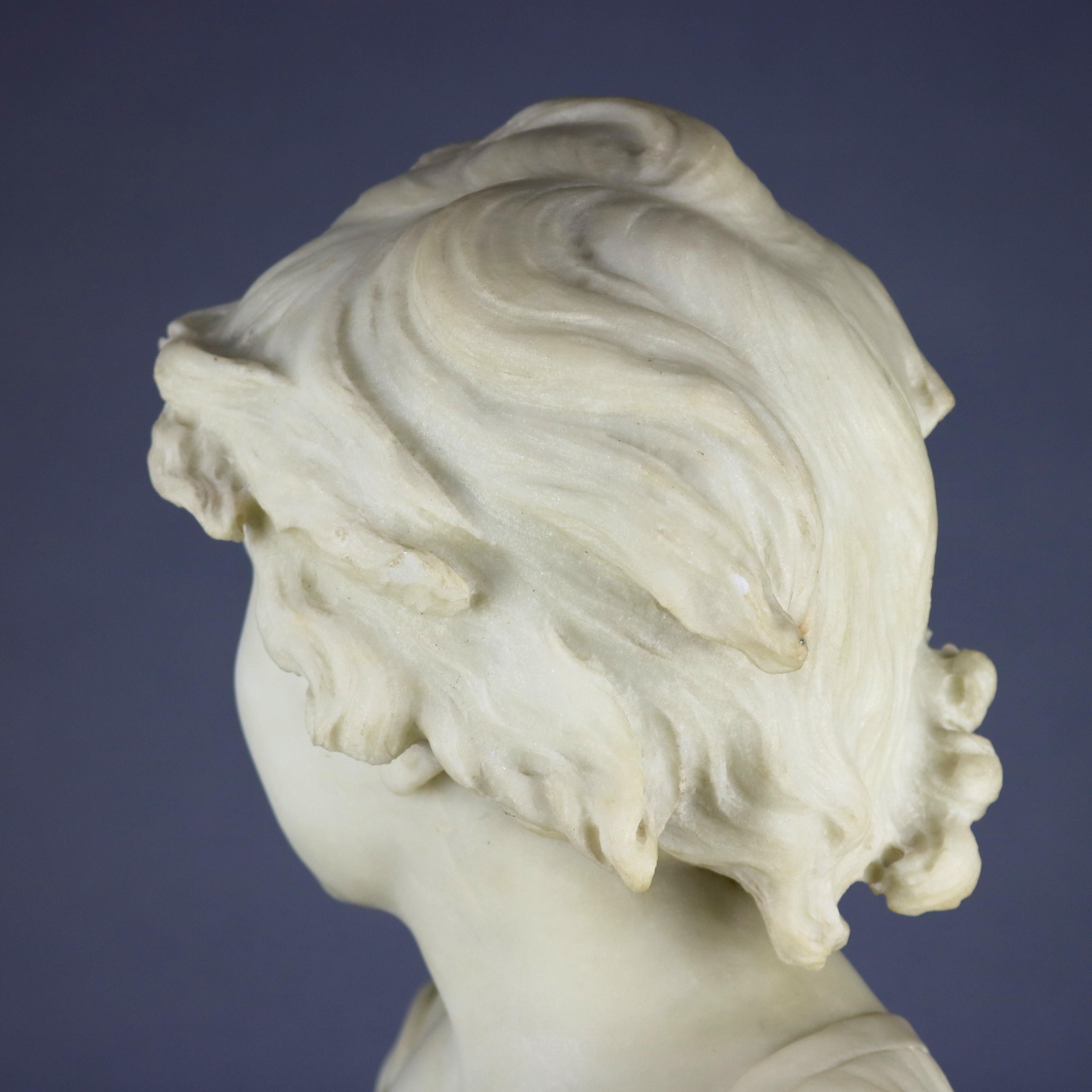 19th Century Large Italian Classical Carved Alabaster Portrait Bust of Girl by Piazza, 19th C