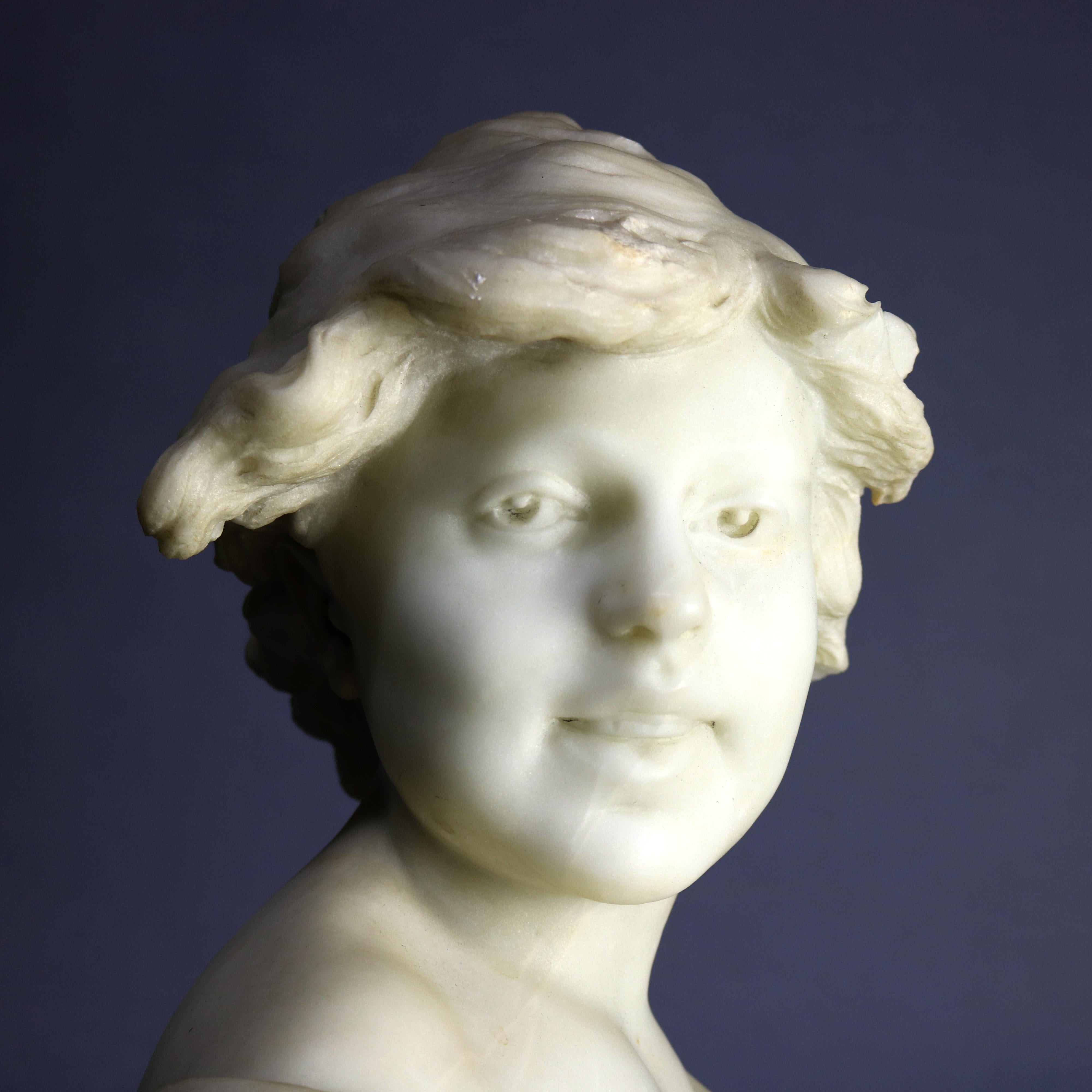 Large Italian Classical Carved Alabaster Portrait Bust of Girl by Piazza, 19th C 1