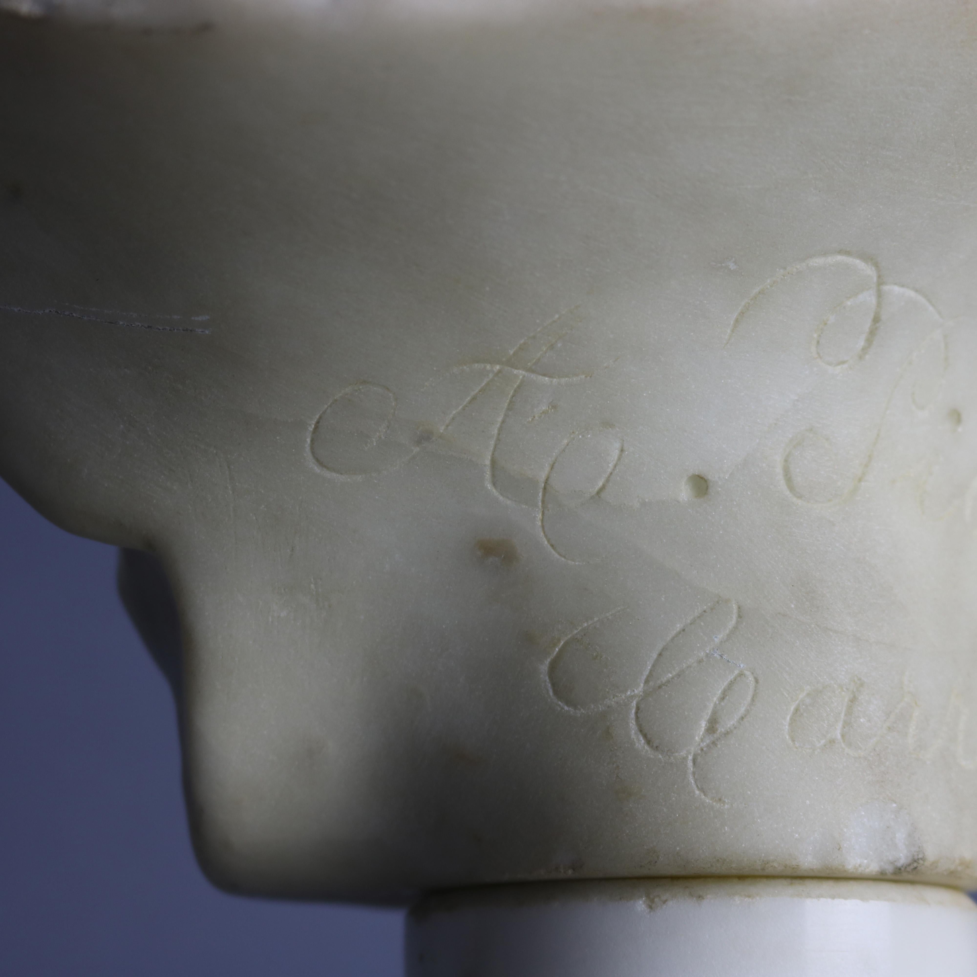 Large Italian Classical Carved Alabaster Portrait Bust of Girl by Piazza, 19th C 3